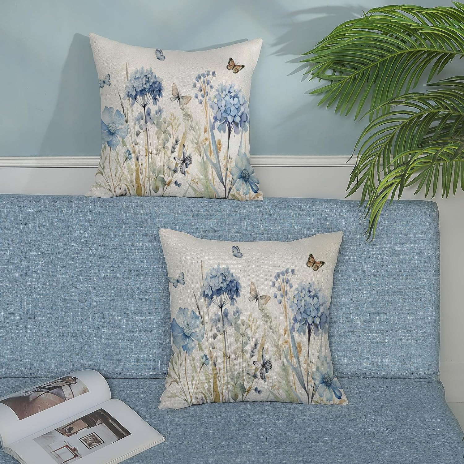 Spring Pillow Covers 18X18 Set of 2 Blue Hydrangea Floral Butterfly Throw Pillow