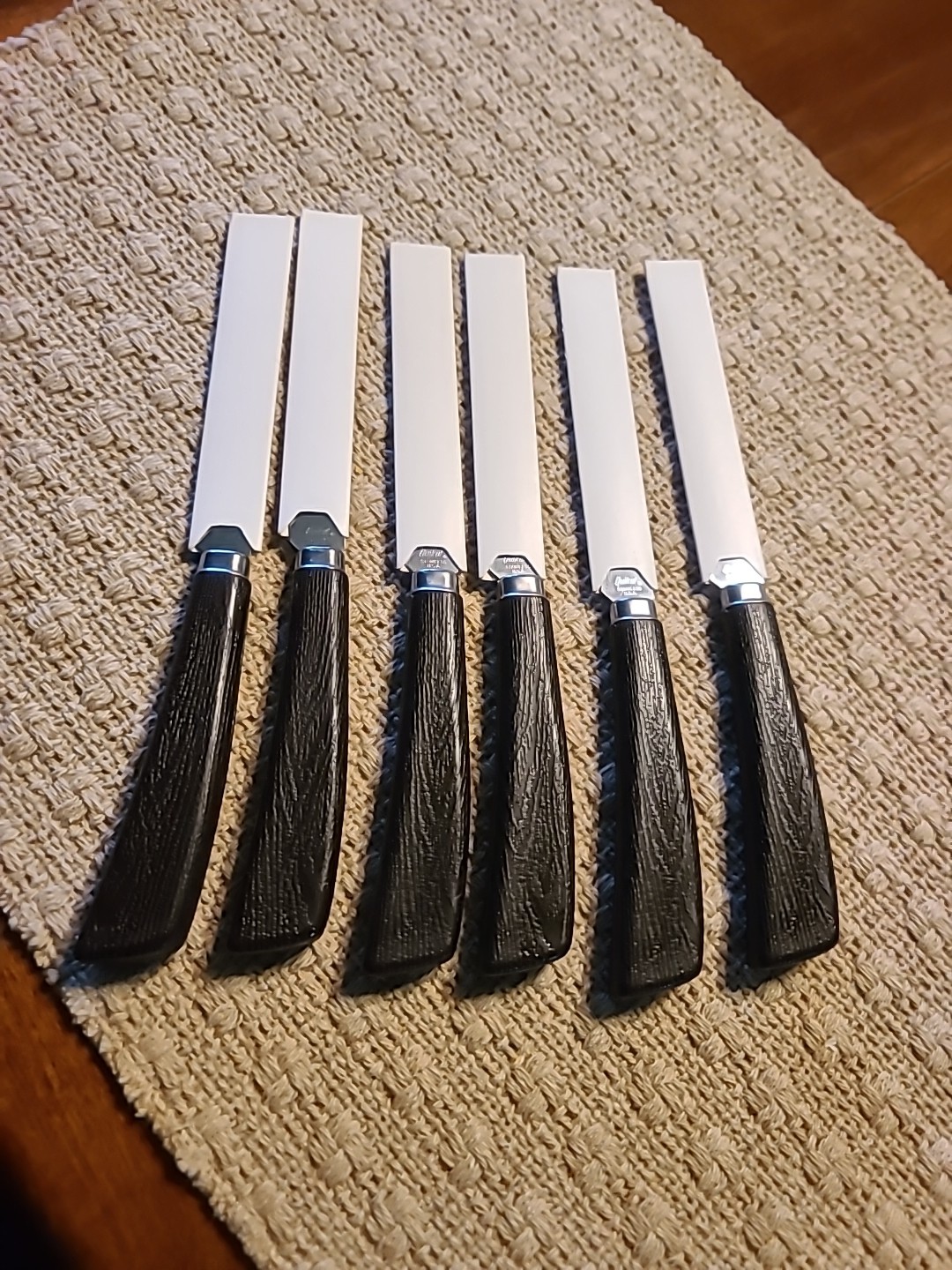 Quikut “QUIKKLE” Set Of 6 Stainless Steel Steak Knife Brown Handle Vintage NEW