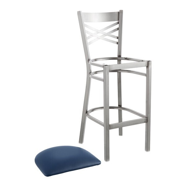 10 PACK Cross Back Clear Coat Metal Restaurant Barstool With Navy Vinyl Seat