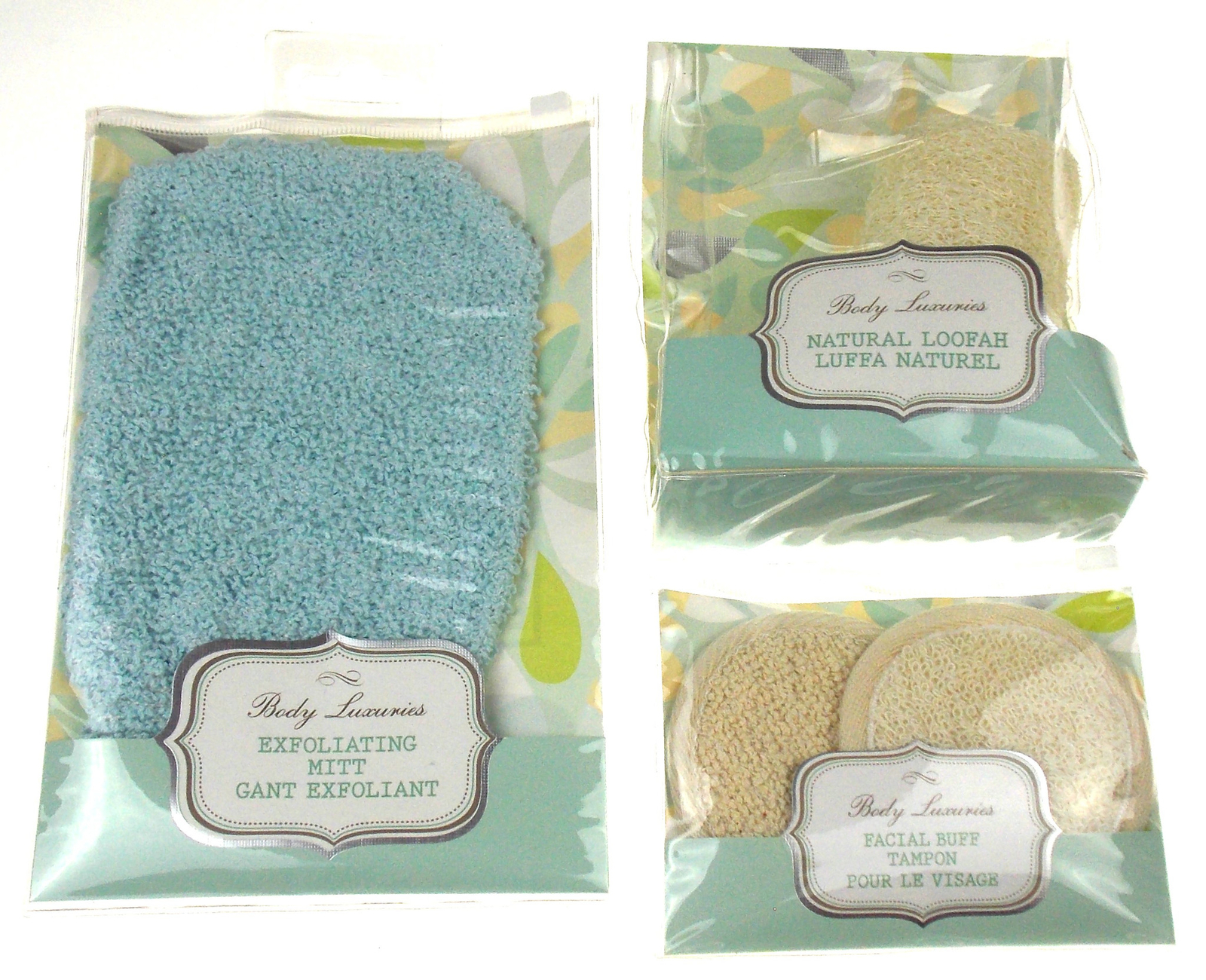 Body Luxuries Set 3 Exfoliating Mitt Natural Loofah Facial Buff Lot Cleanse Gift