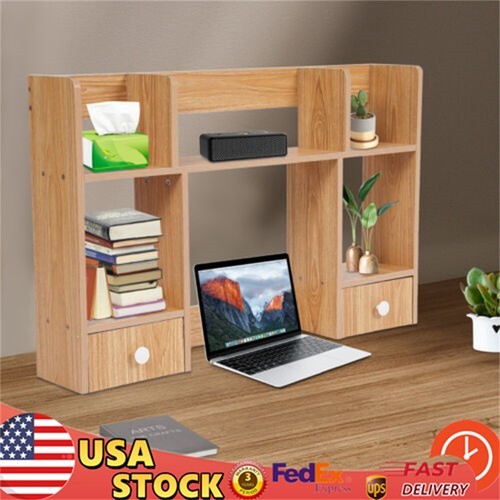 Desktop Storage Organizer Display Shelf Rack with 2-Drawers Desk Bookshelf Dorm
