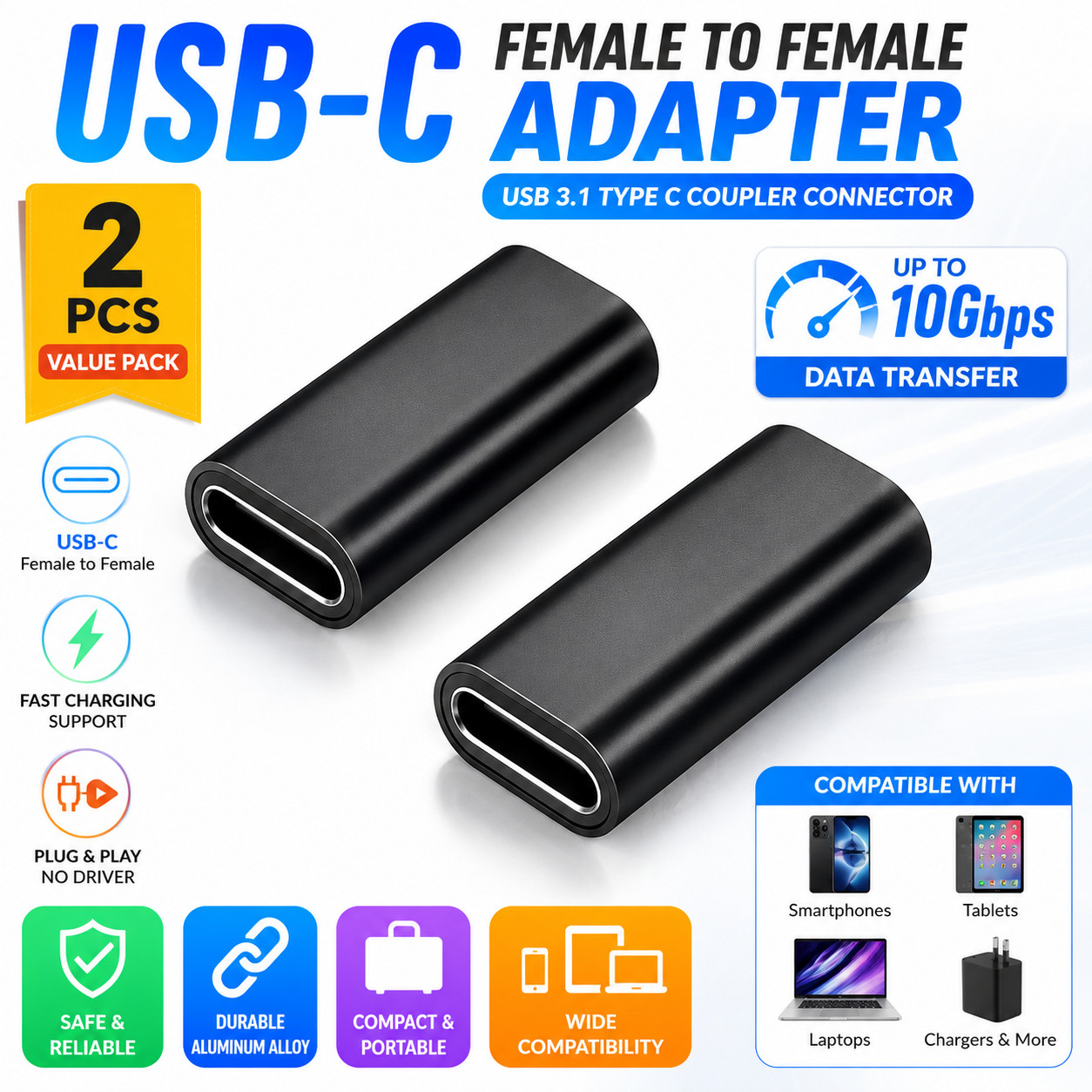 2PCS USB C Female to Female Adapter USB 3.1 Type C Coupler Connector Pack Black