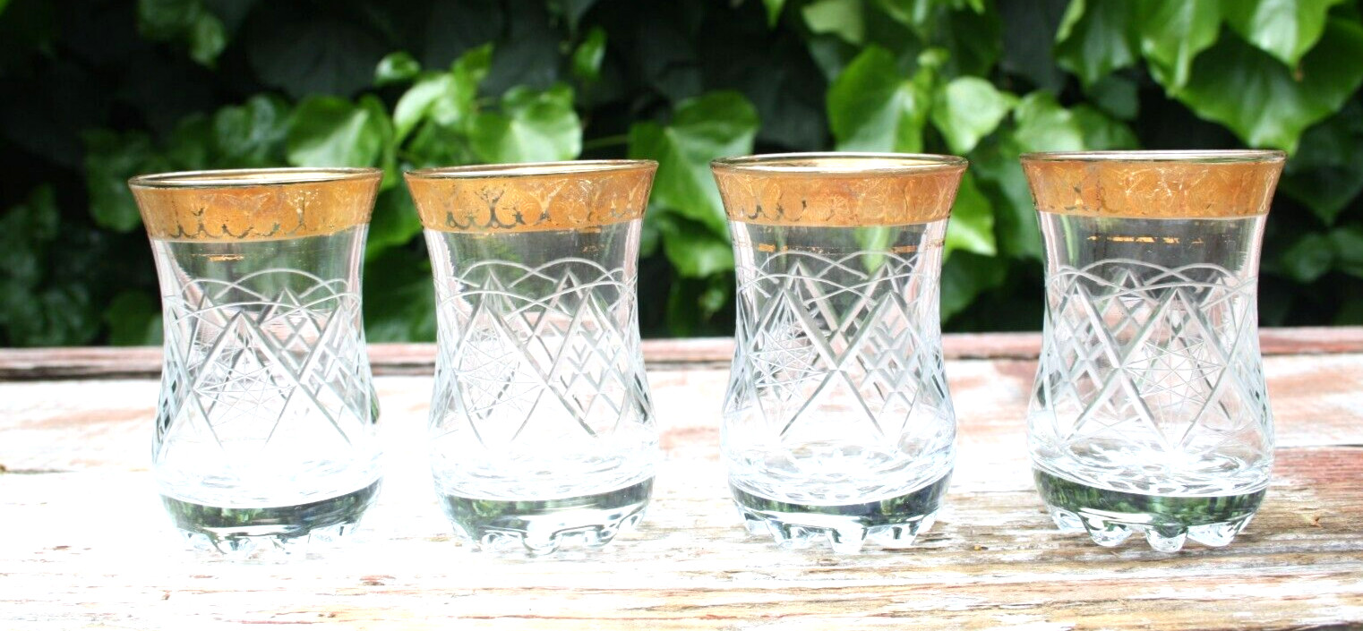 Vintage Cut Crystal Shot Glass Gold Rim Pinwheel Star Clear Set of 4