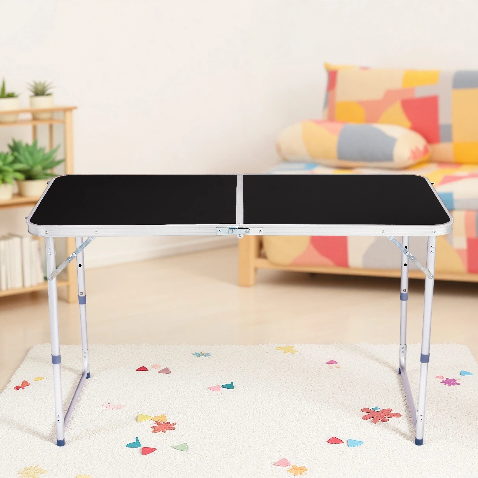 Folding Camping Table 4ft - Adjustable Patio Aluminum Frame Outdoor Picnic Black