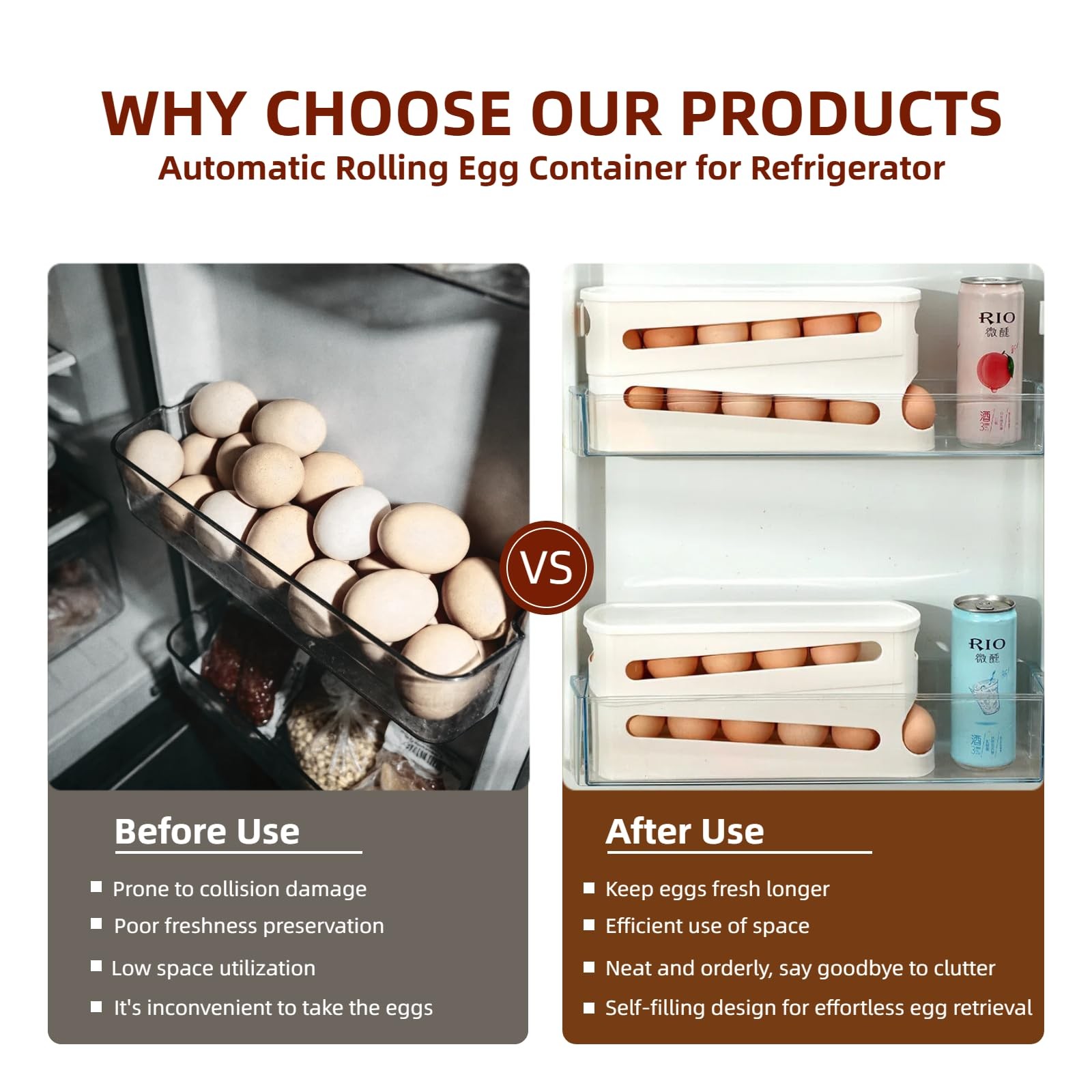 Egg Holder for Fridge, Automatic Rolling Egg Organizer for Refrigerator, Stac...