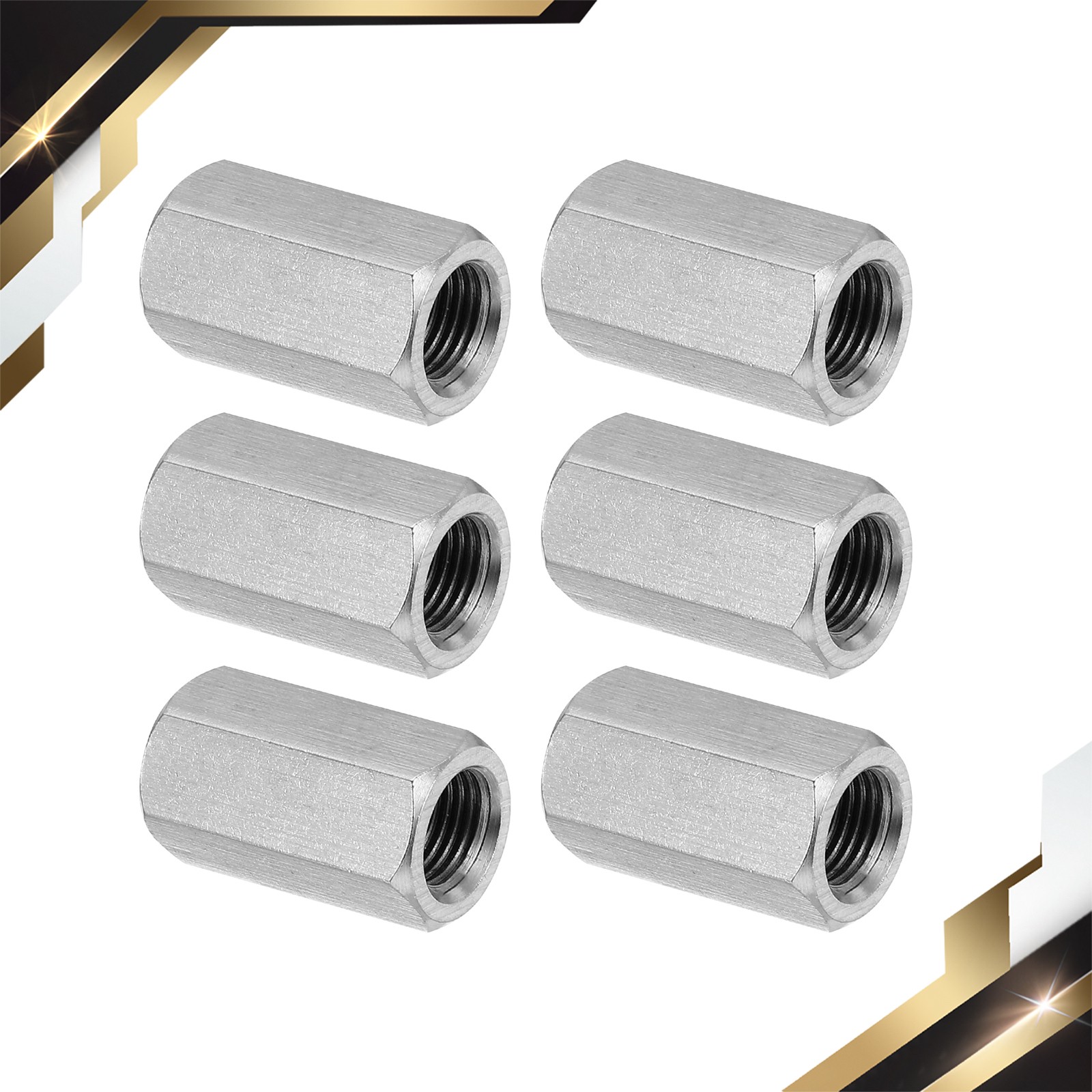 6 Set M12 x 1.25 Pitch 30mm Length Stainless Steel Hex Coupling Nut Connector