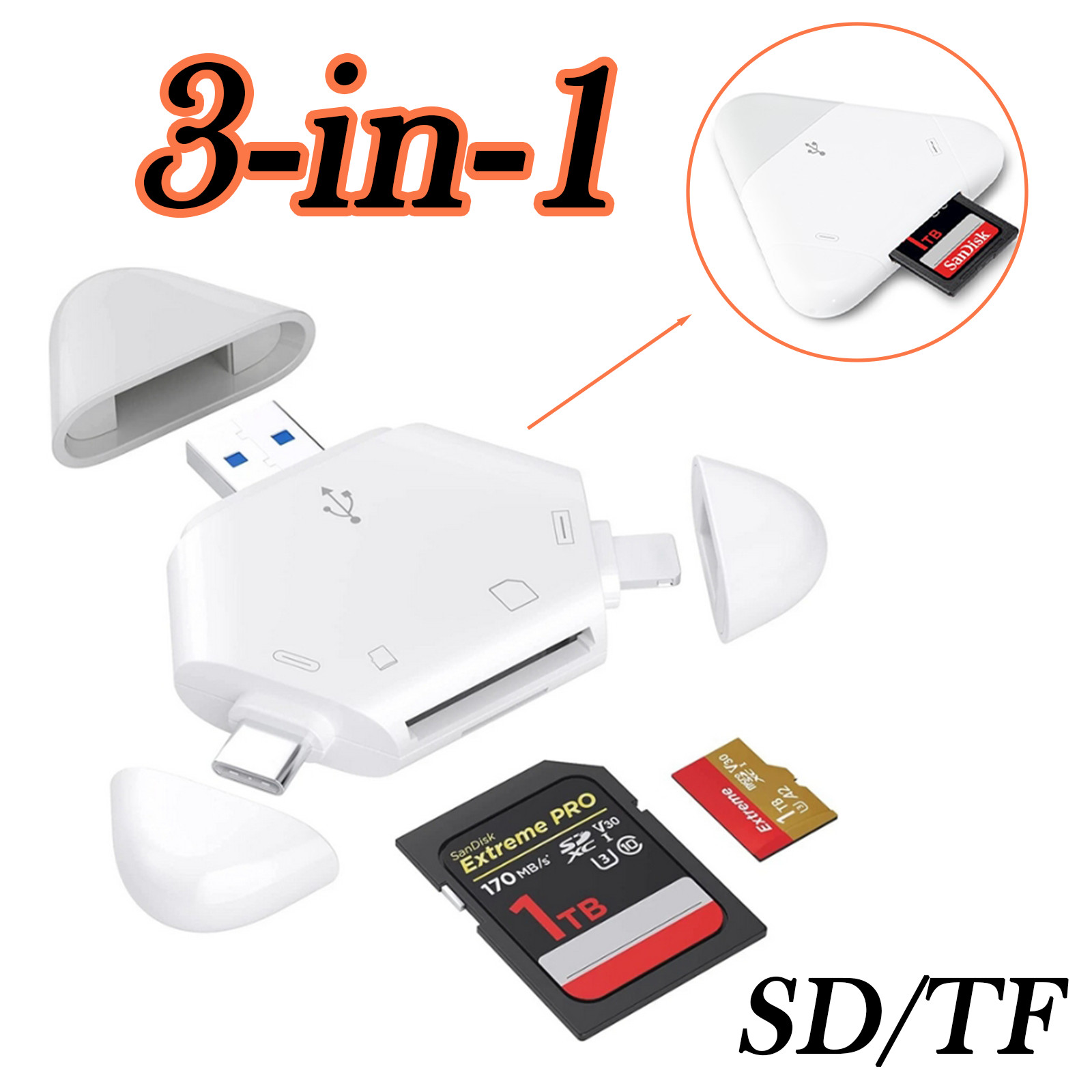 3-in-1 Memory Card Reader for iPhone/iPad, USB C and USB A Devices Support SD/TF