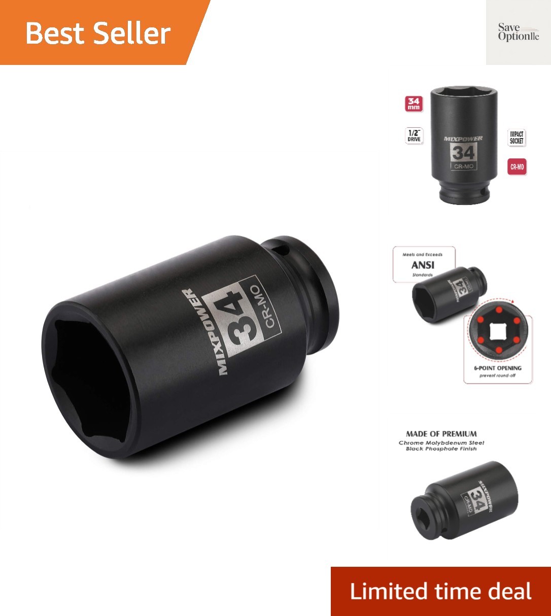 1/2" Drive Deep Impact Socket, CR-MO, 34 mm, METRIC, 6 Point, Axle Nut Impact...