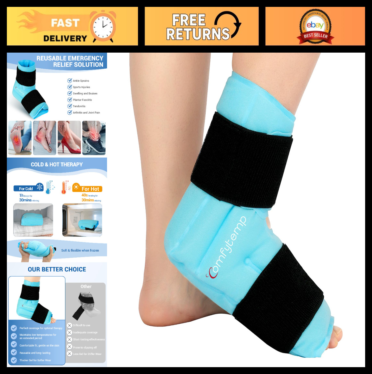 Ankle Ice Pack Wrap for Plantar Fasciitis Relief | Reusable Gel Hot Cold Therapy