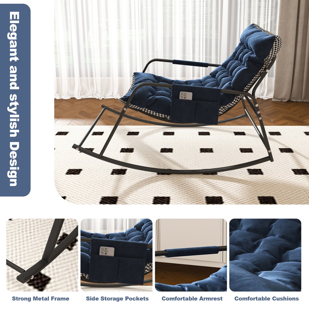 All-Season Comfort Lounge Rocking Chair with Storage ,Cushions & Armrests Blue
