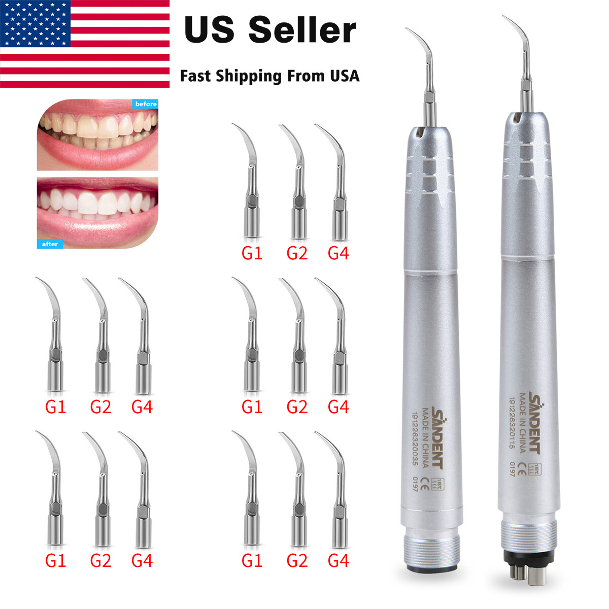 Dental Ultrasonic Air Perio Scaler Handpiece Hygienist 2/4 Holes with 3 Tips fz