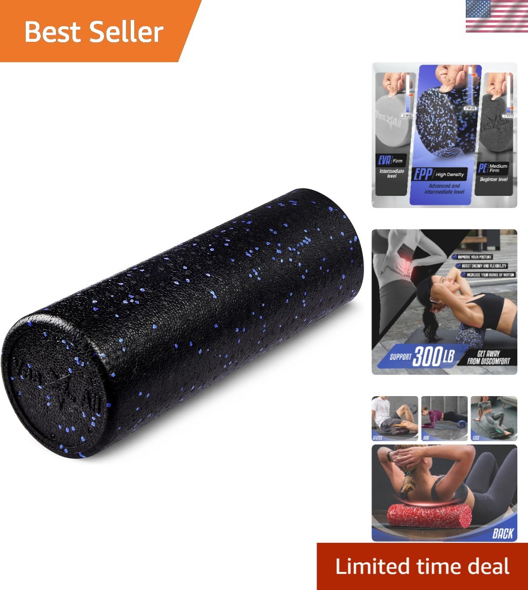 Durable High-Density Foam Roller - 18 Inch for All Body Types, 300 lbs Capacity