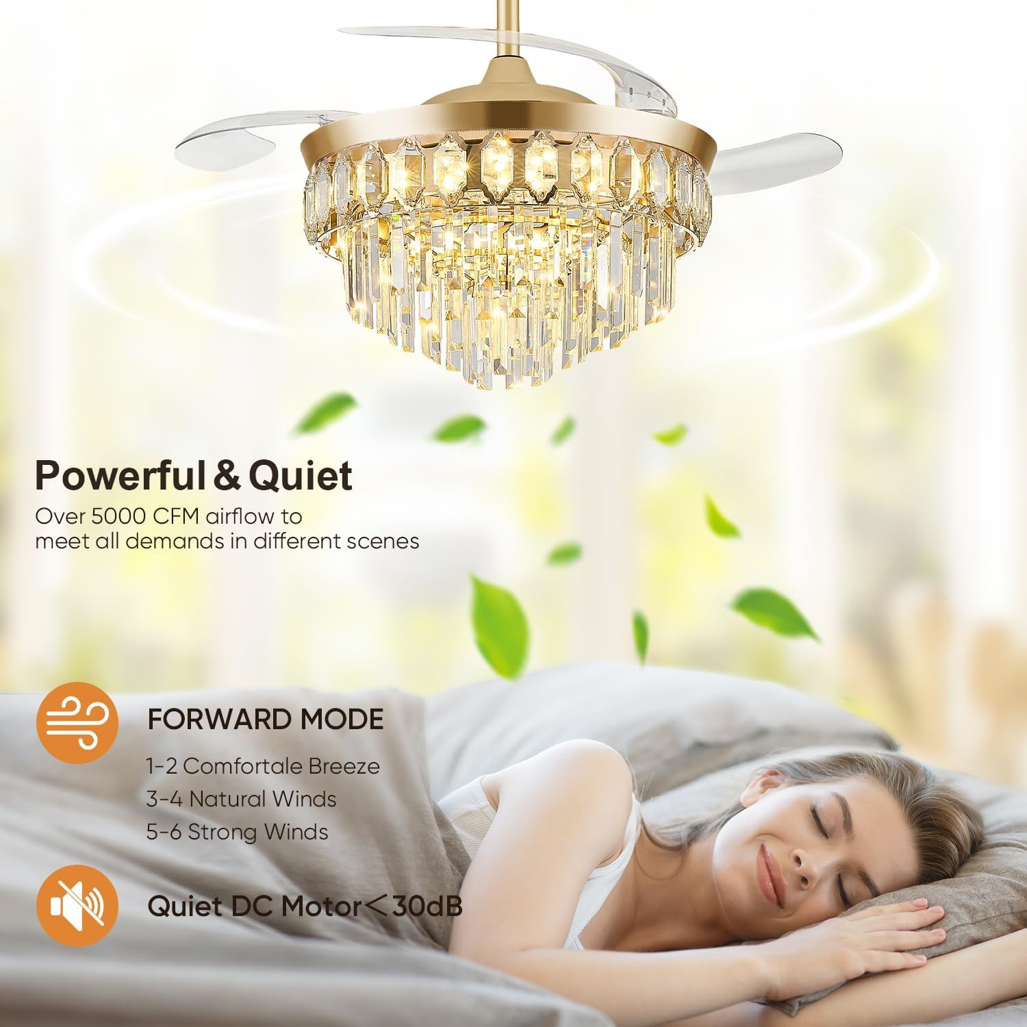 Gold 42" Retractable Ceiling Fan with LED Light & 6 Speed Settings