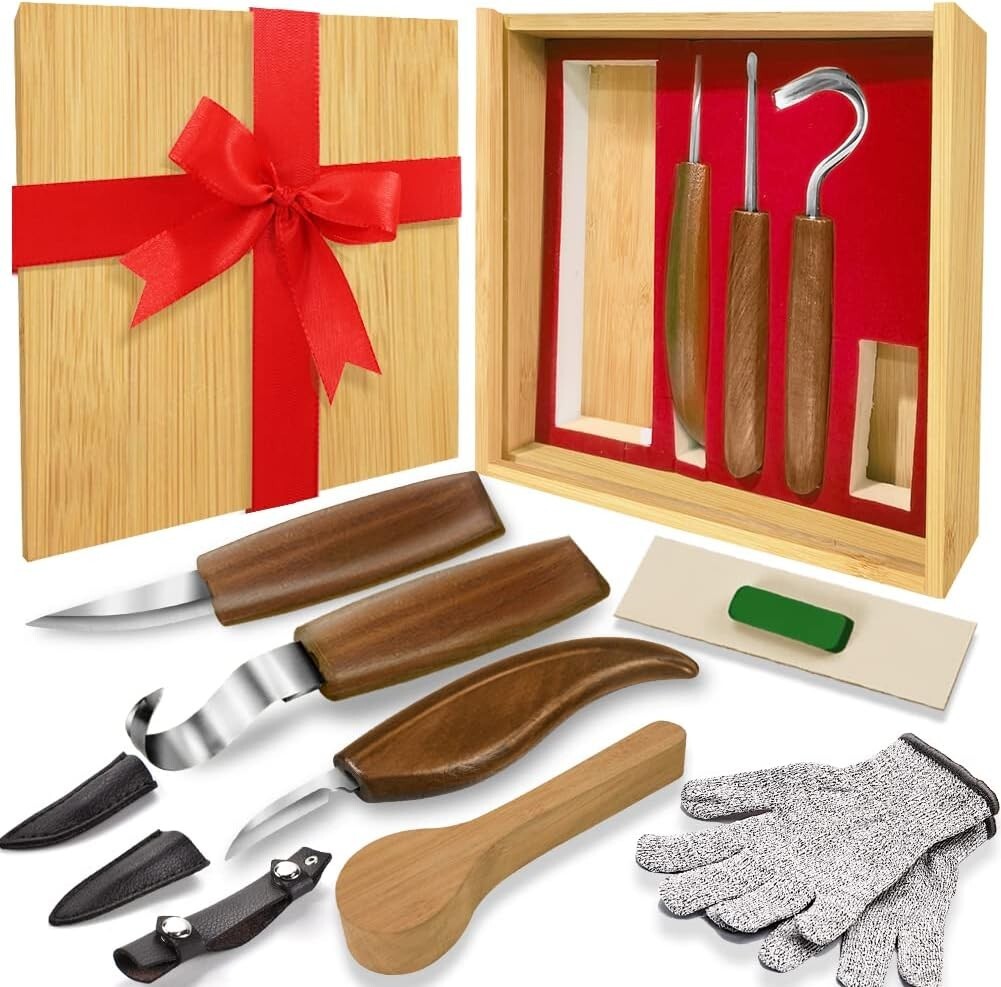 High-Quality 12-Piece Whittling Kit - Includes Gloves & Custom Leather Sheaths
