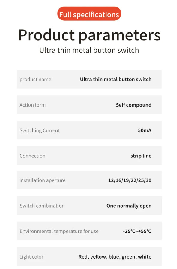 LED Push Button Switch 12-30mm Ultra Short Metal Waterproof Momentary Reset Wire