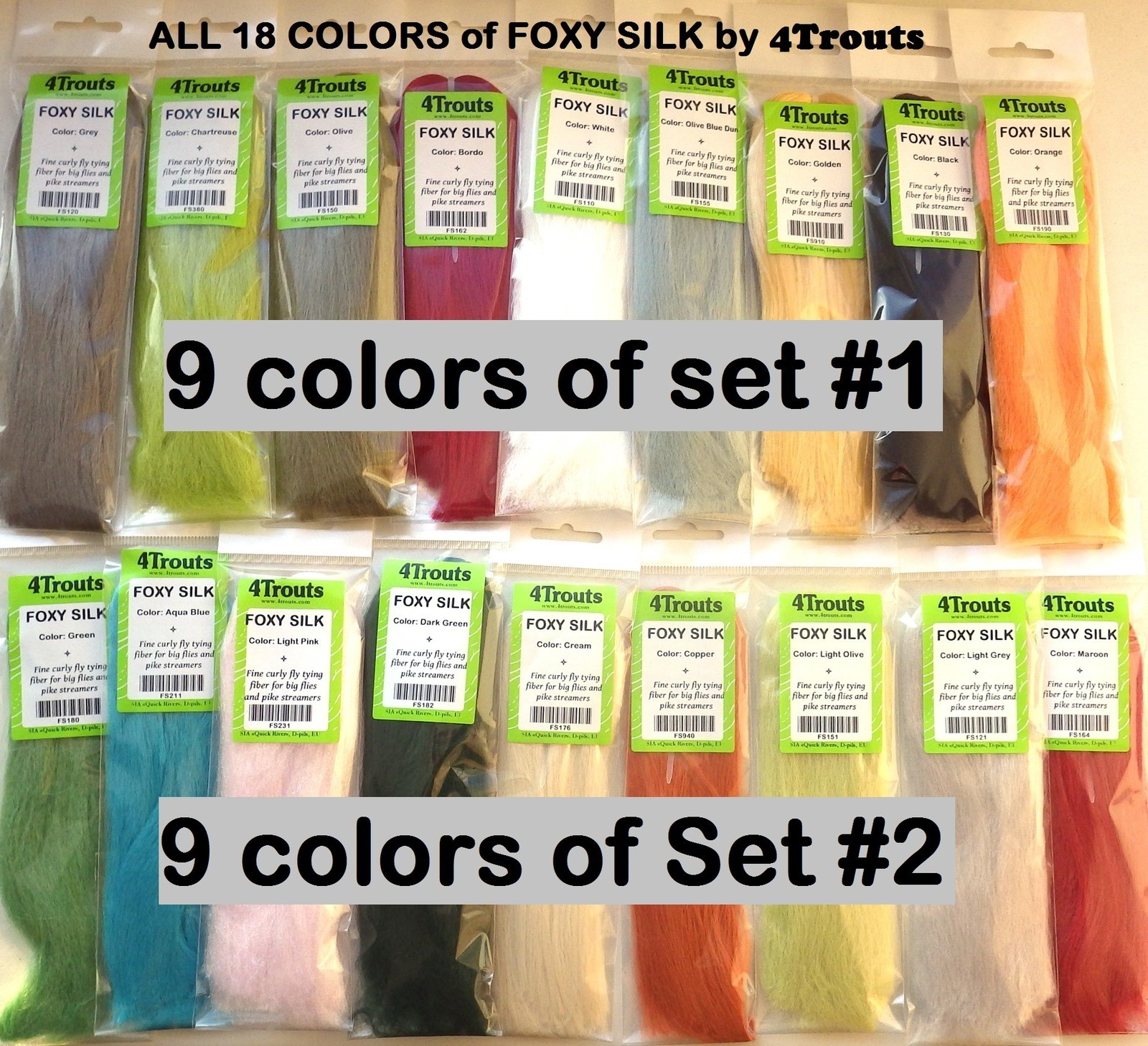 Synthetic Fibre FOXY SILK All Colours Fly Tying Set of 18 colors, Brand 4Trouts