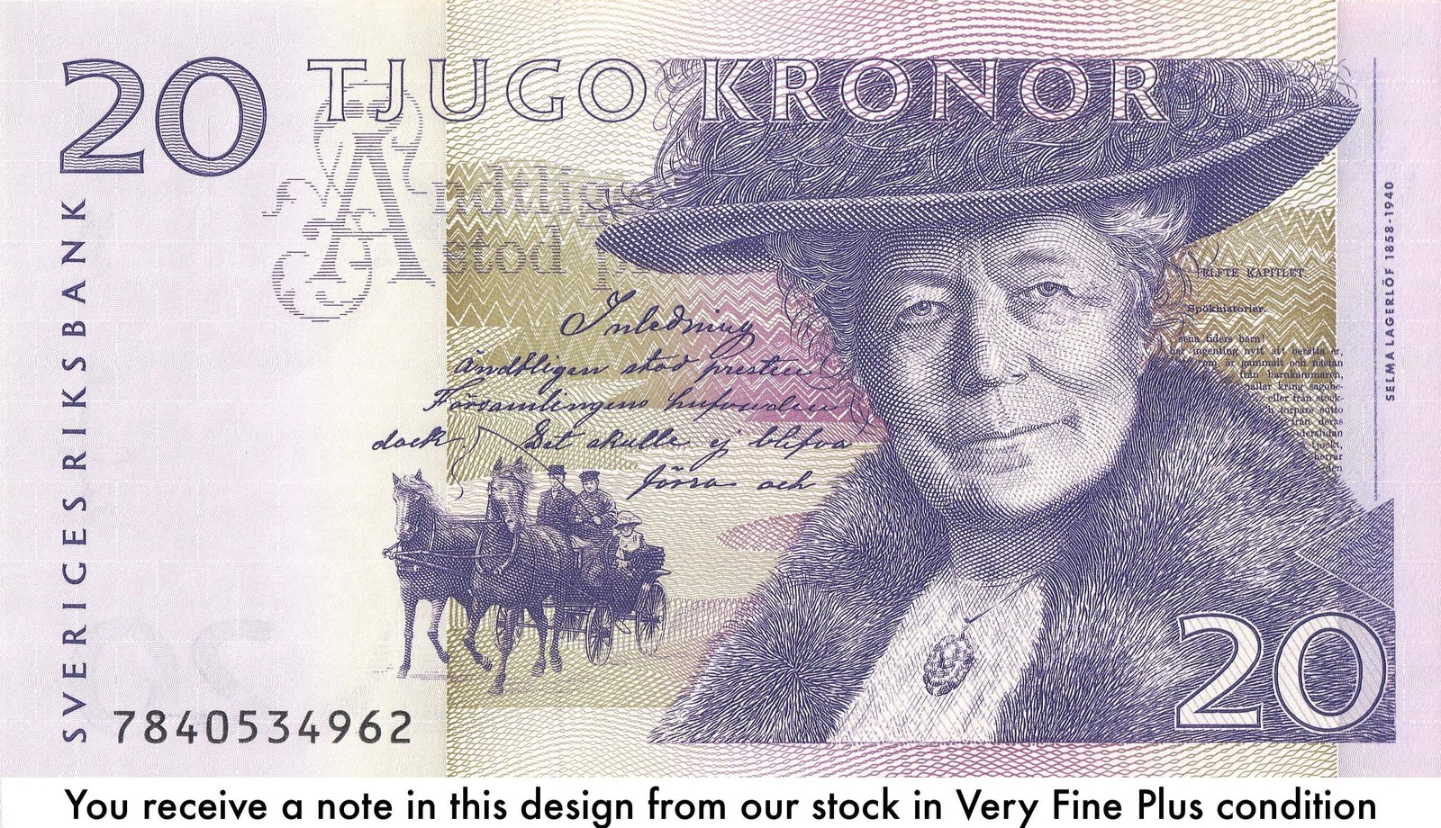 Sweden P-63 20 Kronor 1997-2008 VF+—Writer Lagerlöf—Goose—Woman—LGBT