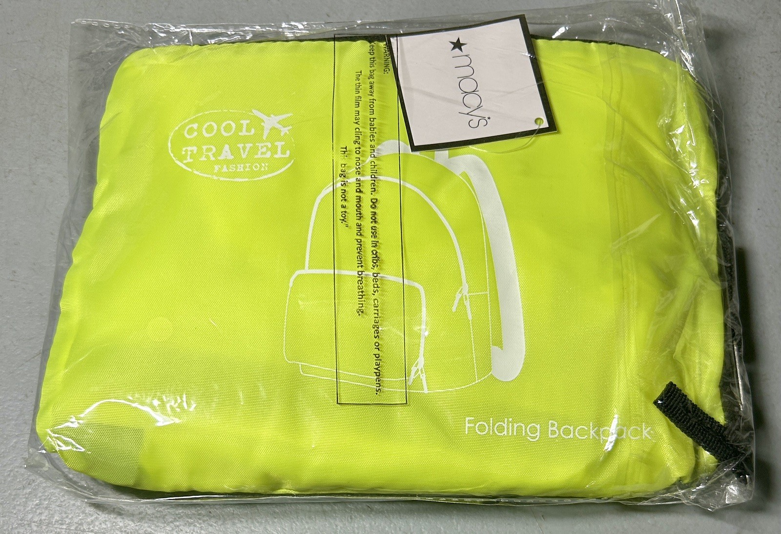 Macys Cool Travel Fashion Folding Backpack Efficient Space Saver Neon Green New