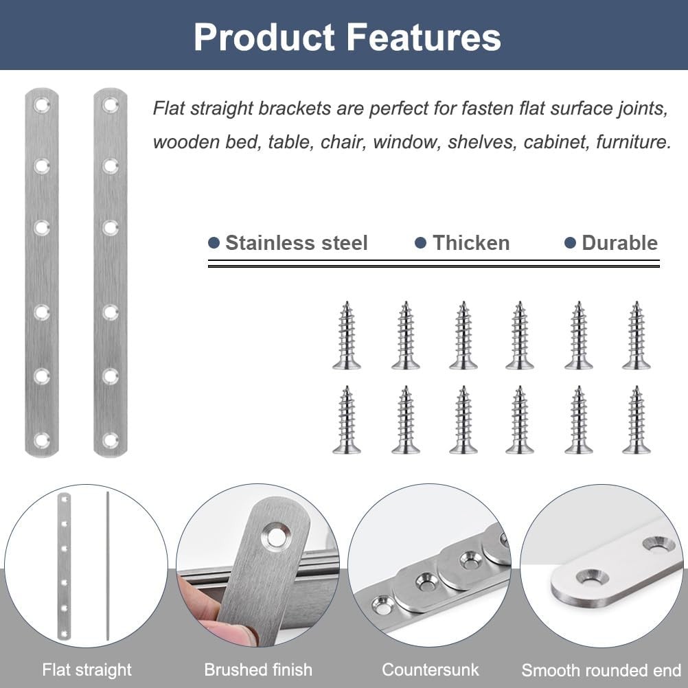 8 Pack Flat Straight Brace Brackets, 8 Inch Stainless 8 PCS-8 inch, Silver