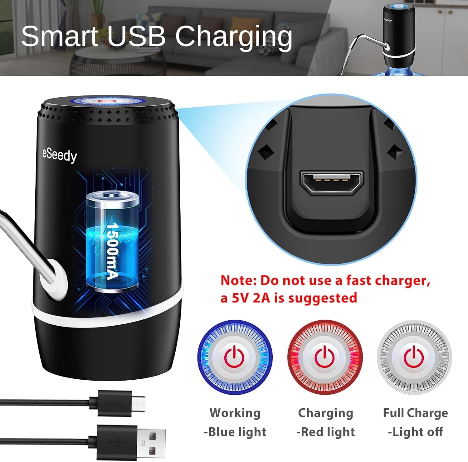 Rechargeable Water Dispenser for 5 Gallon Bottles - Fast Pumping, Compact Design
