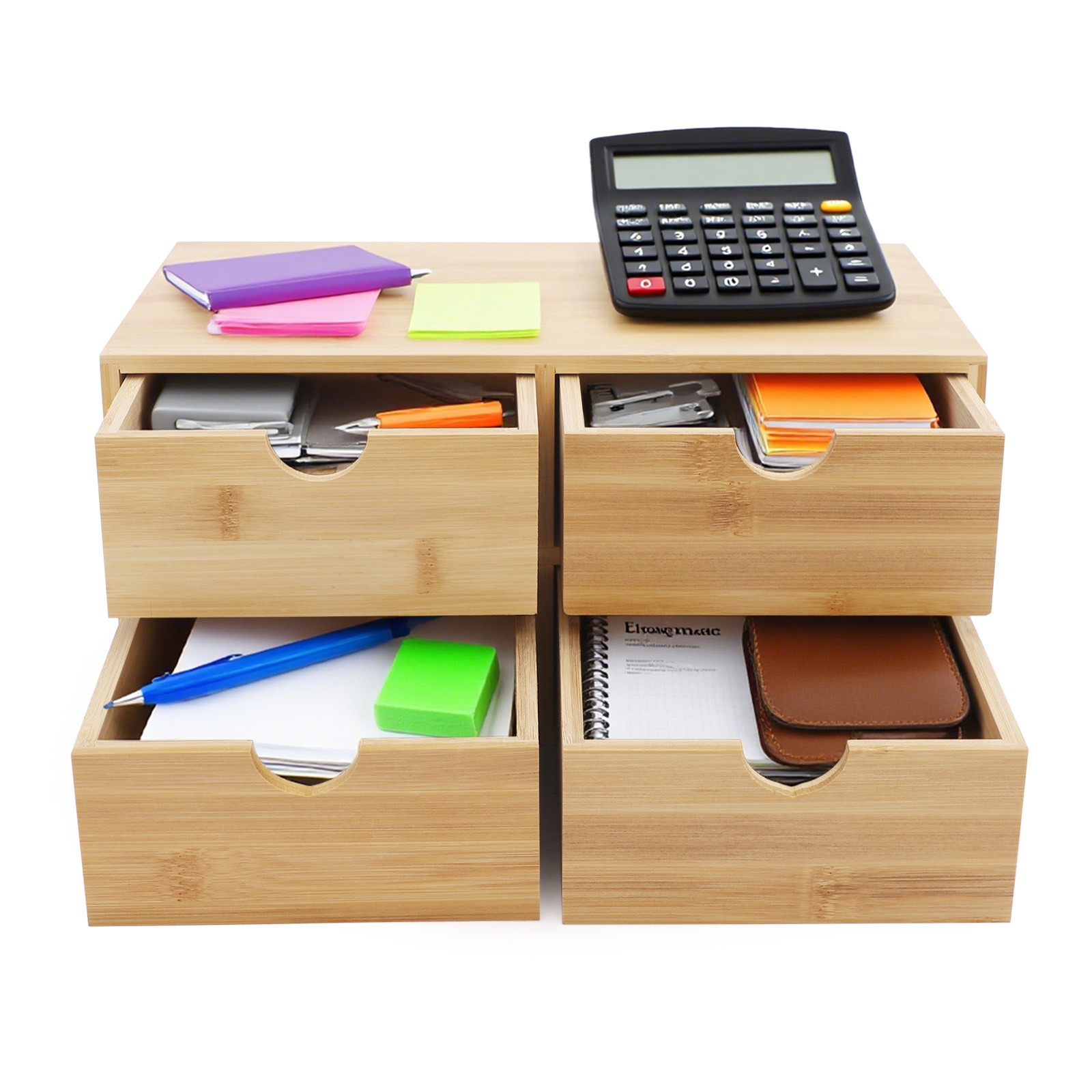 Bamboo Desk Organizer with 4 Drawers, Office Tabletop Storage Organization Box