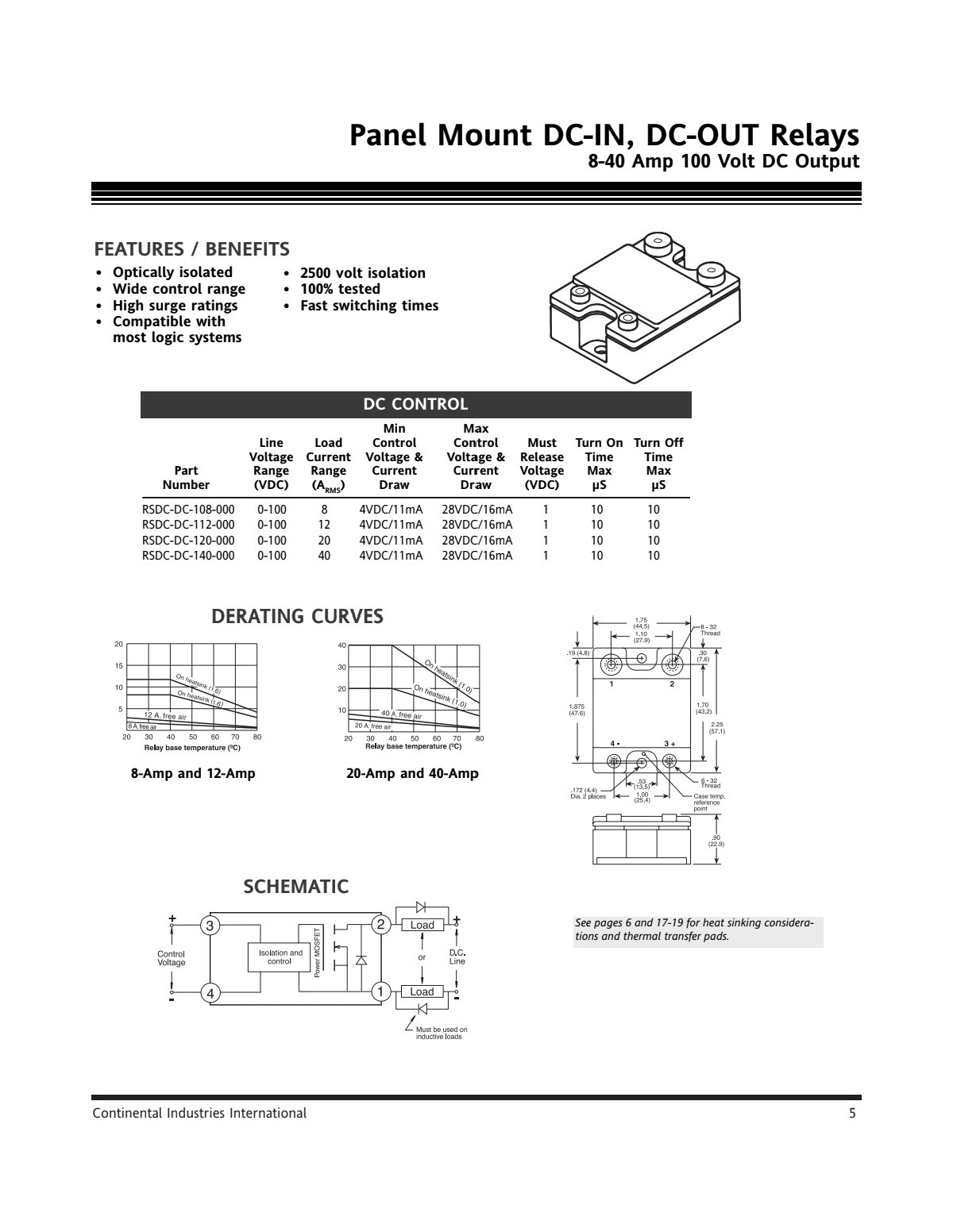 SOLID STATE RELAY ,0-100VDC@8A,4-28 VDC CONTROL, CONTINENTAL RSDC-DC-108-000 NEW