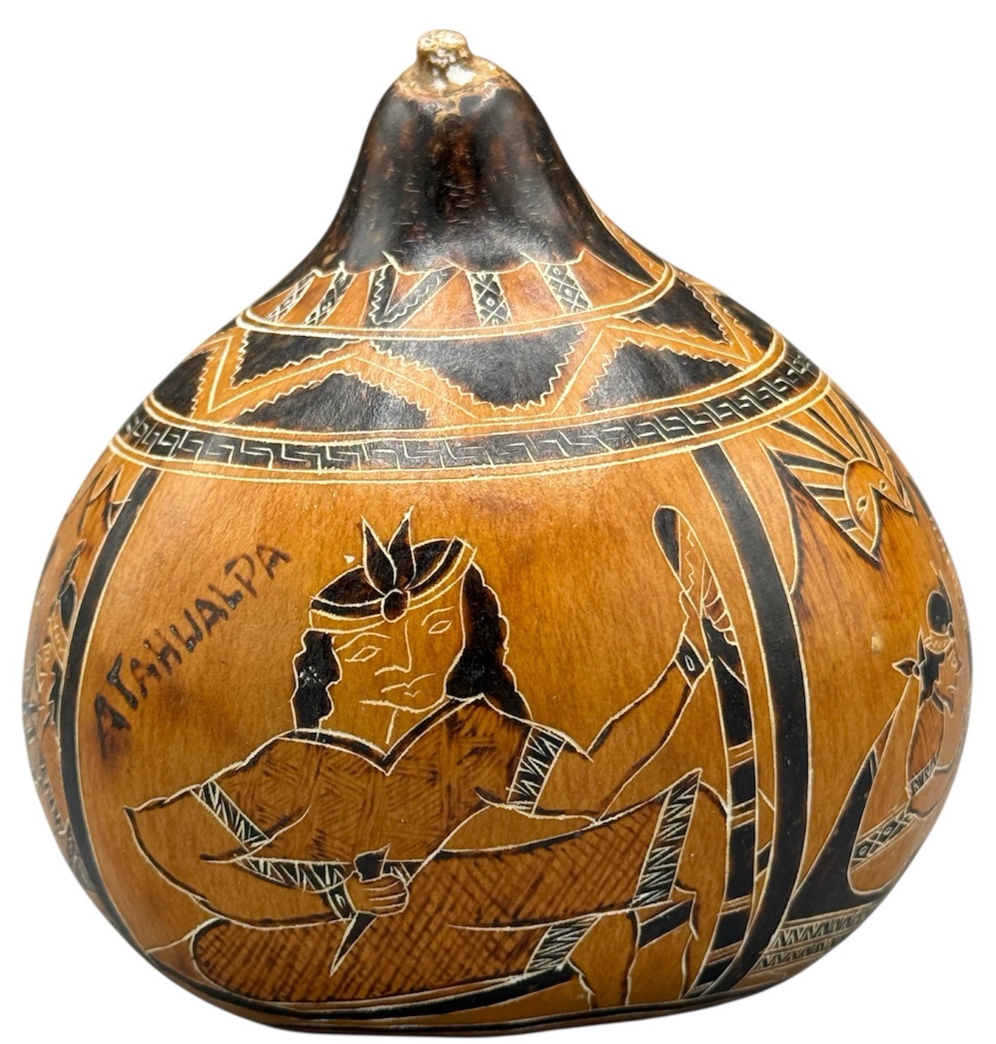 Vintage Folk Art Peru Hand Carved Inca Emperors On Peruvian Gourd Also Rattles