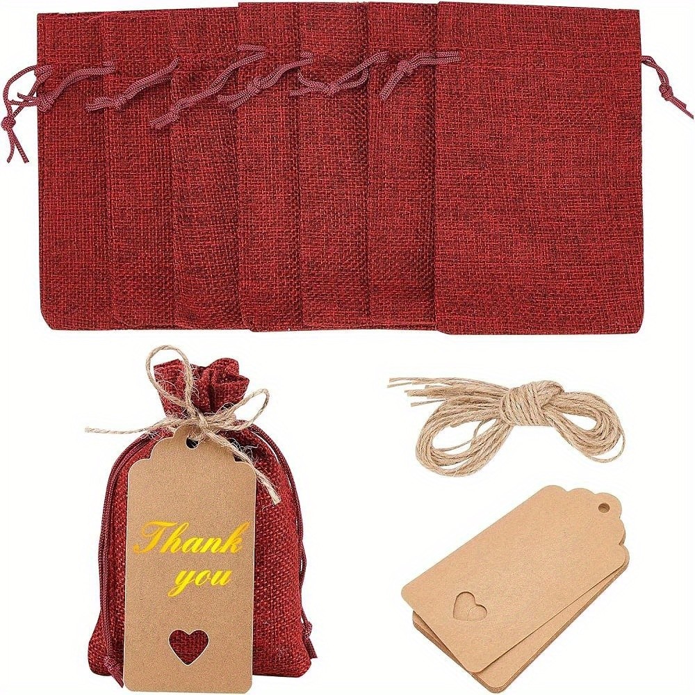 1bag Burlap Packing Pouches Drawstring Bags with Jute Cords and Kraft Paper Gift