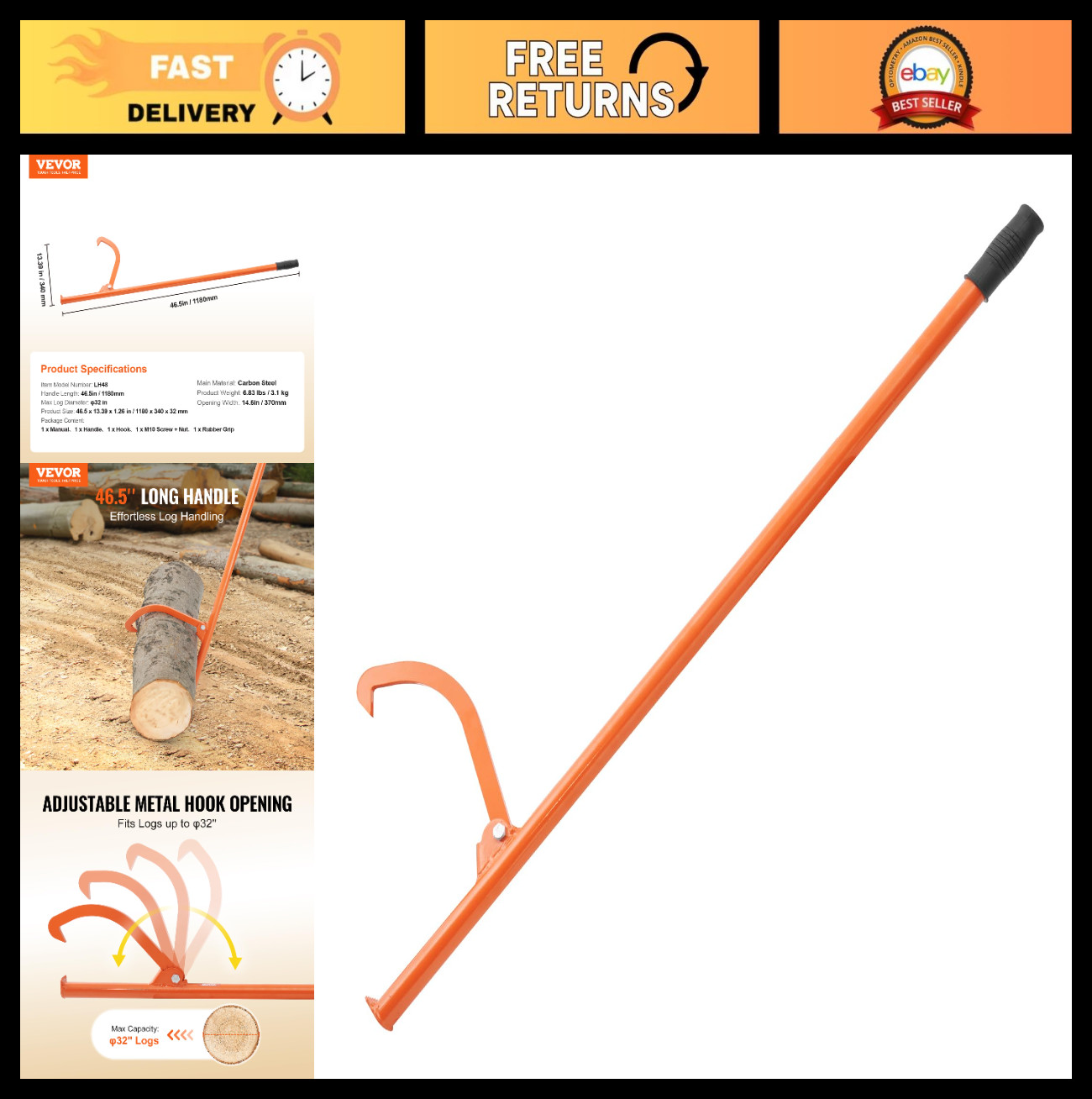46.5'' Heavy Duty Cant Hook Logging Tool, Adjustable Log Roller & Lifter, Forest