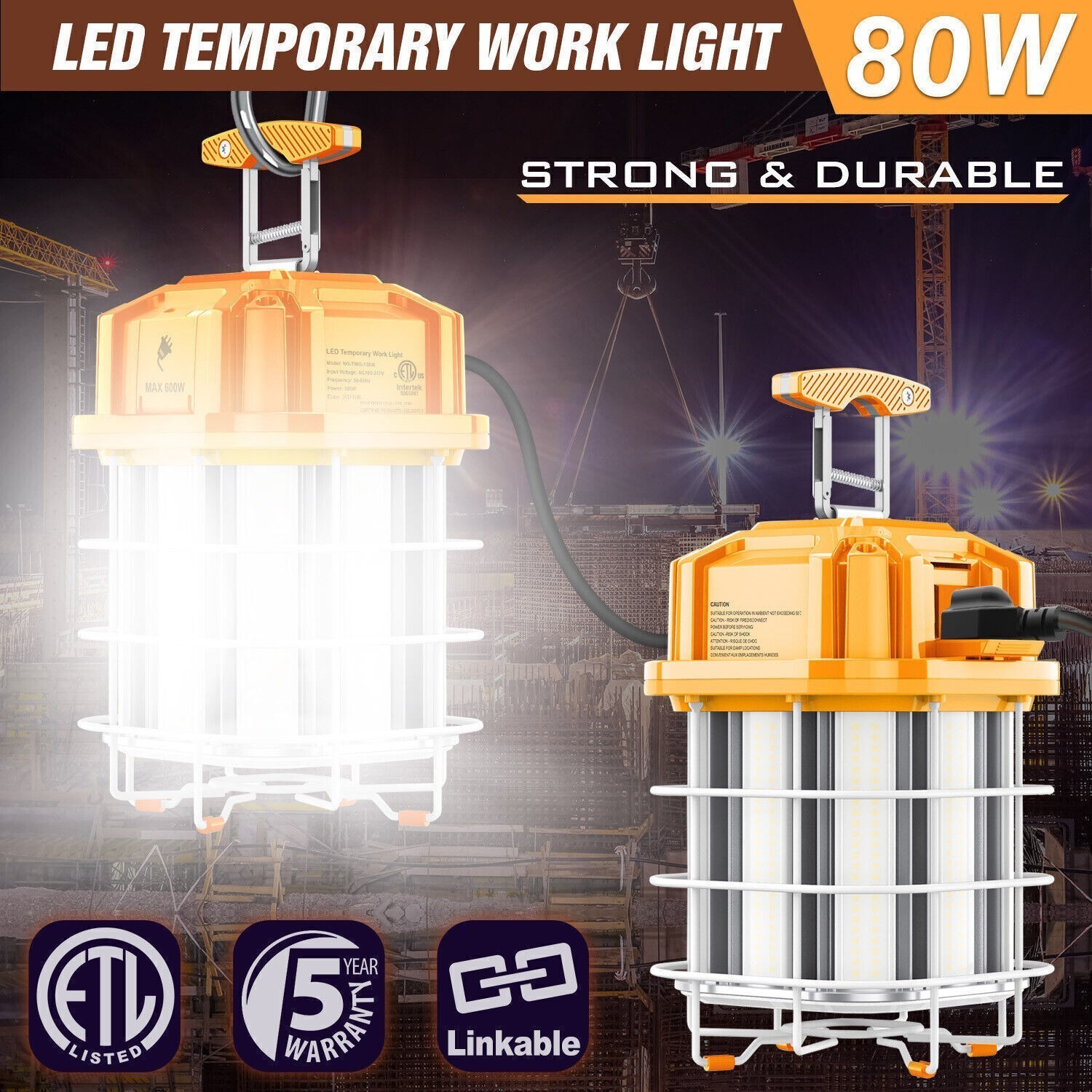 80W LED Temporary Work Light Construction Jobsite Linkable Lamps 5000K Daylight