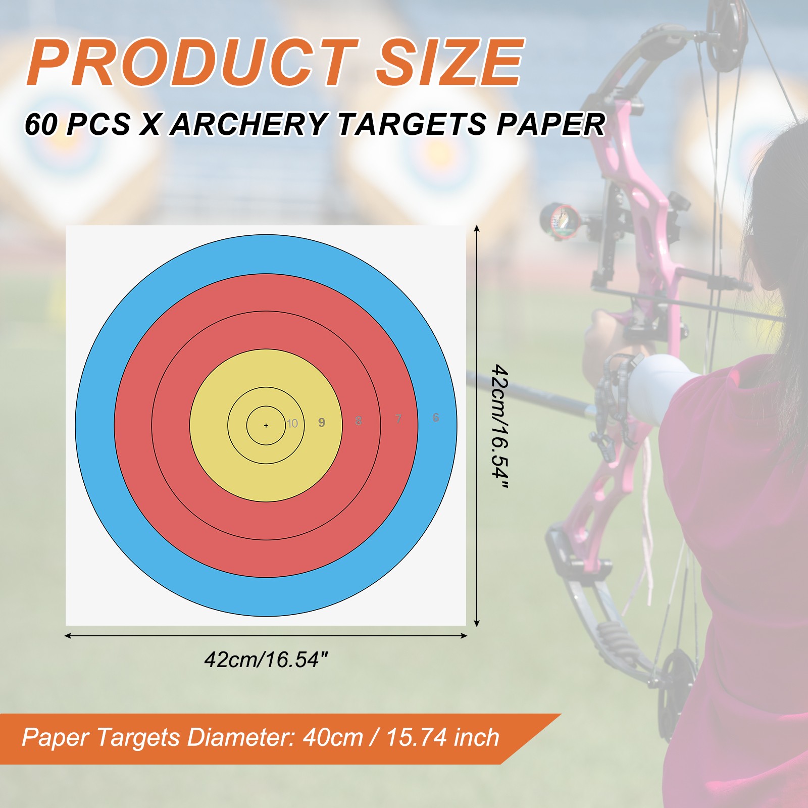 60Pcs Archery Target Paper 16"x16"(40cm) Standard 5 Ring Multicolor