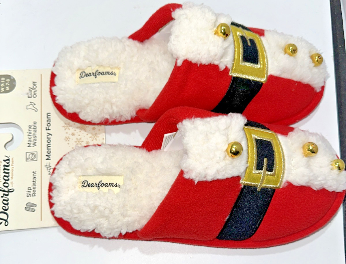 Dearfoams Deluxe Christmas Holiday Slippers Santa Suit /bells- Women 9-10 (2W)