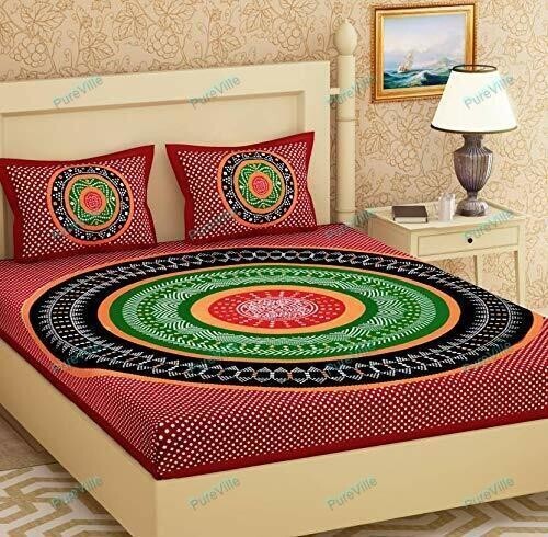 Sanganeri 100 % Cotton Double Bed Sheet 2 Pillow Cover 90x100  Zig Zag