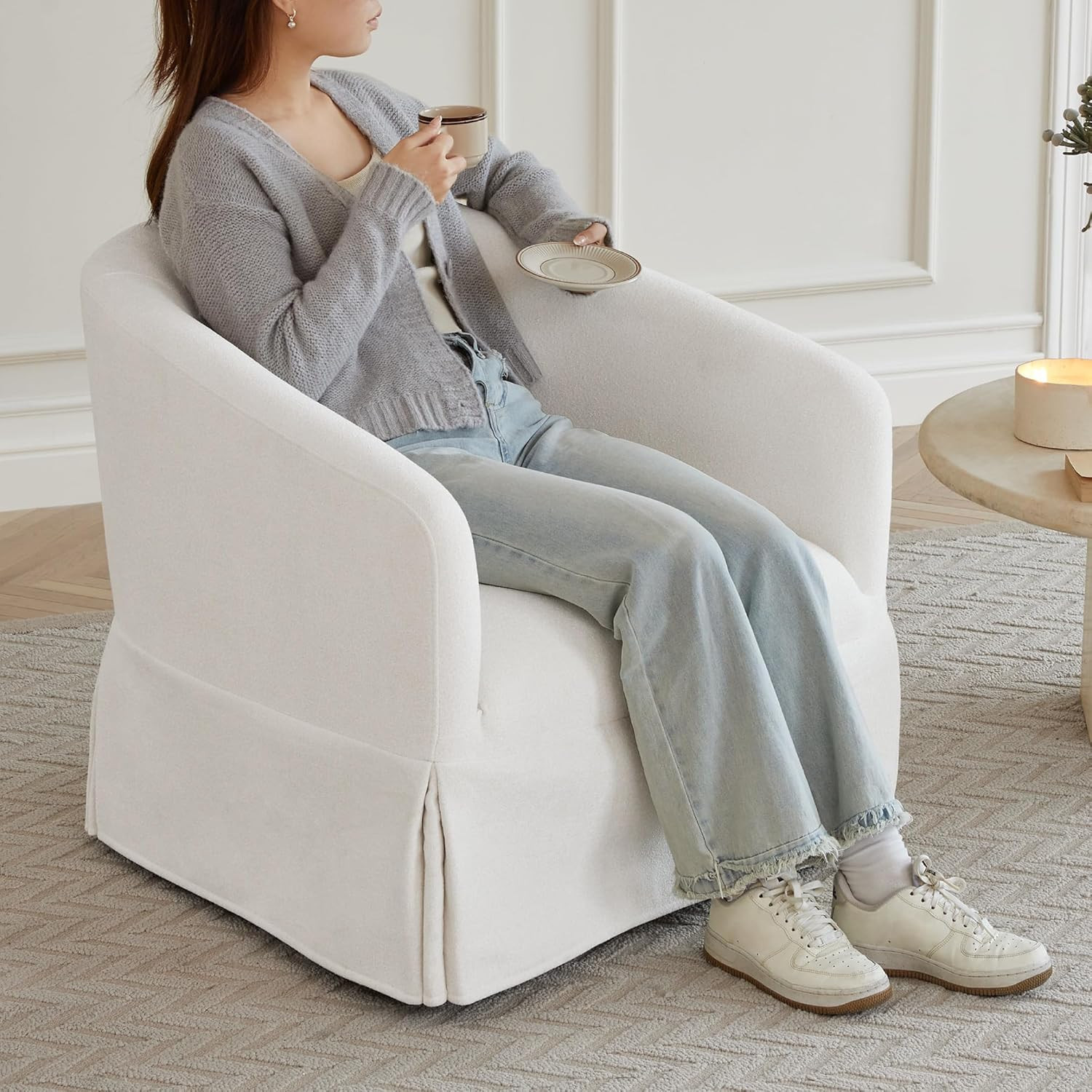 Set of 2 Cream White Swivel Accent Chairs for Living Room and Office