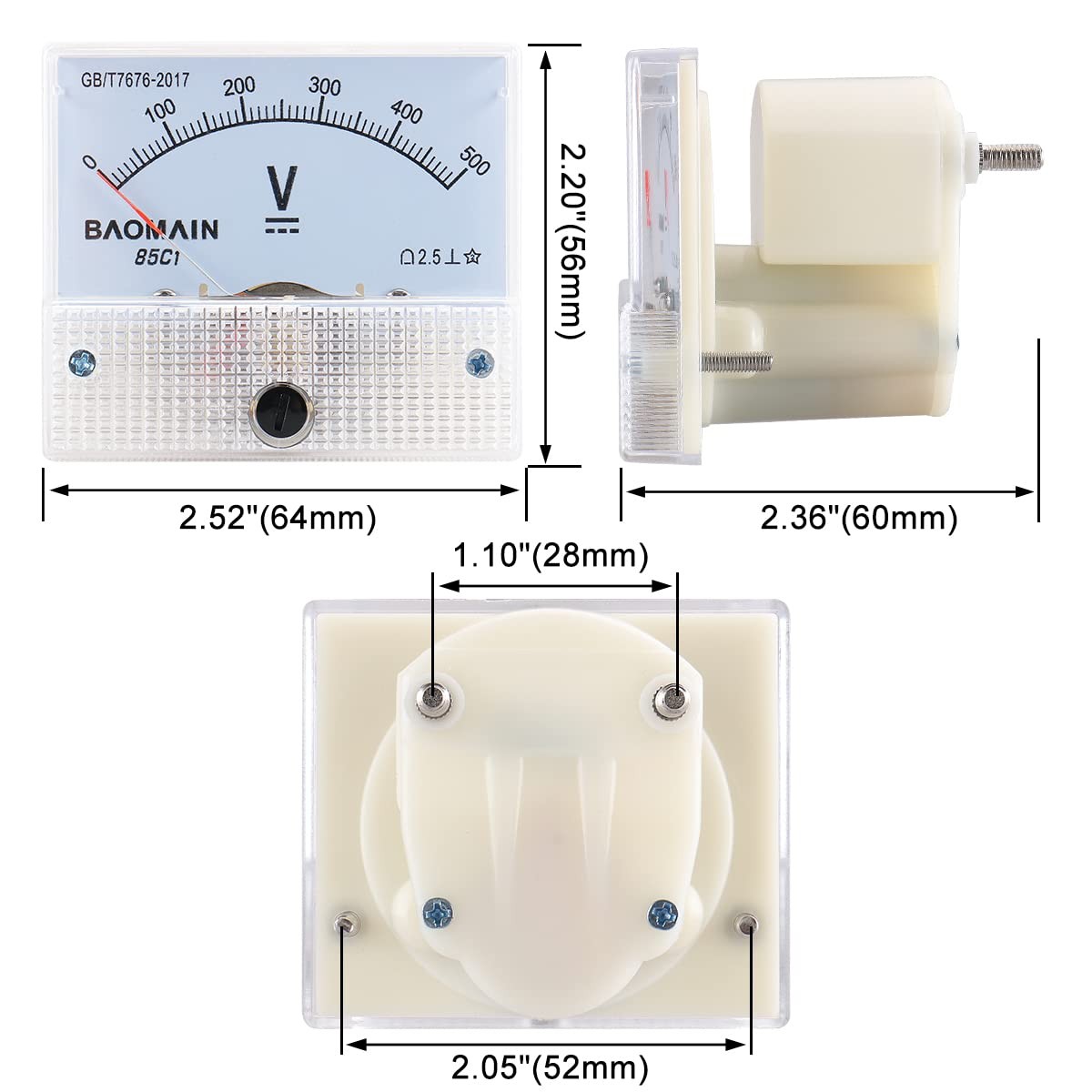 Baomain Analog Voltmeter 85C1 DC 0-500V Rectangle Volt Panel white