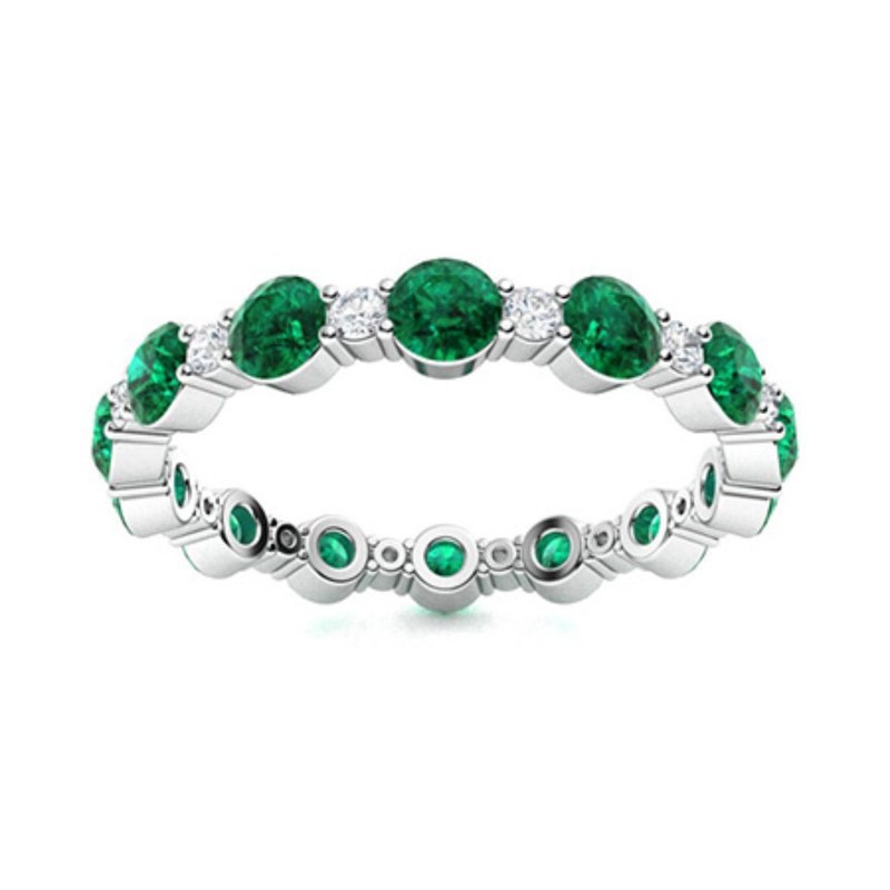 925 Sterling Silver 4MM Round Shape Emerald Full Eternity Band Ring For Women