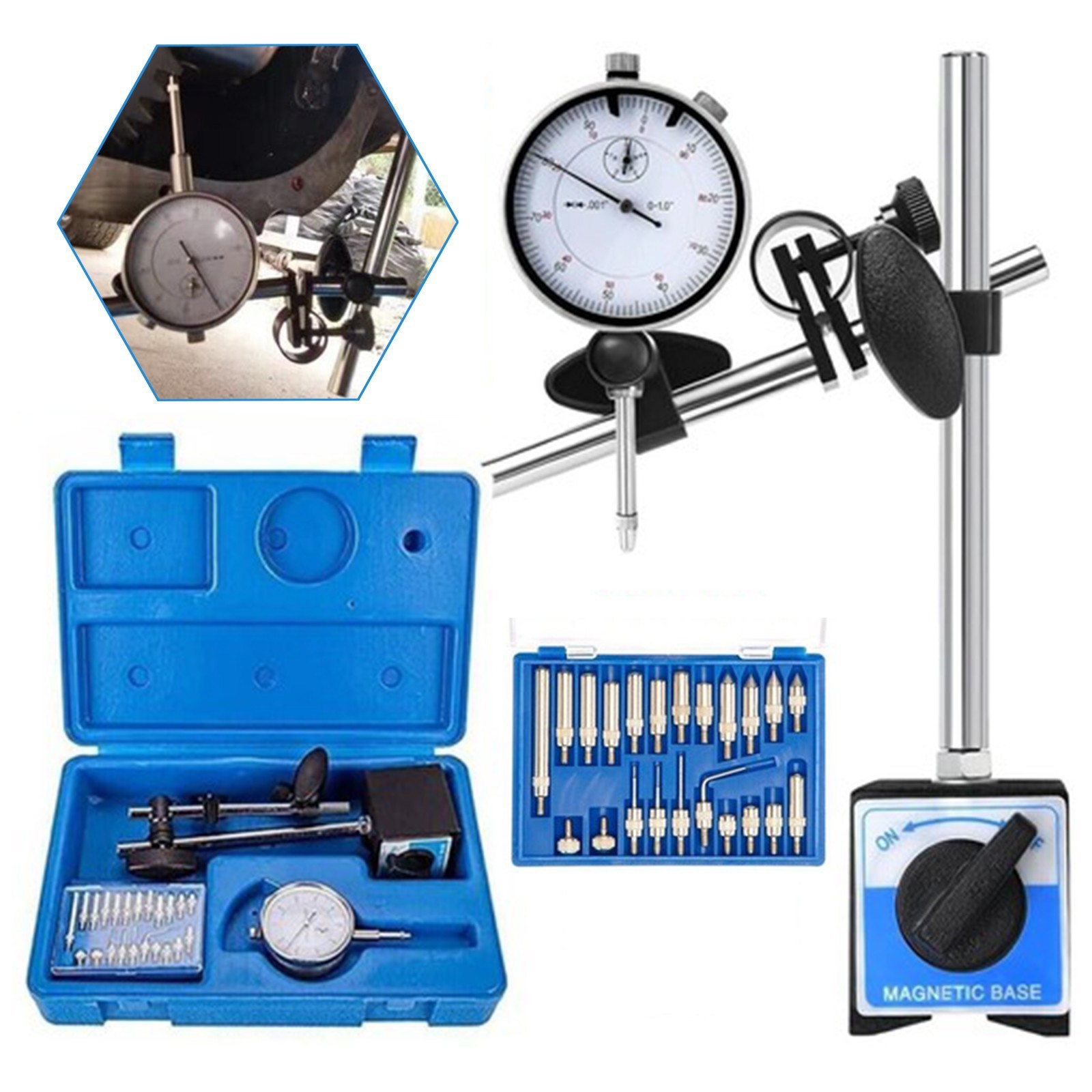 Dial Indicator with Magnetic Base 0.001"Precision Gauge Test Indicator Point Set
