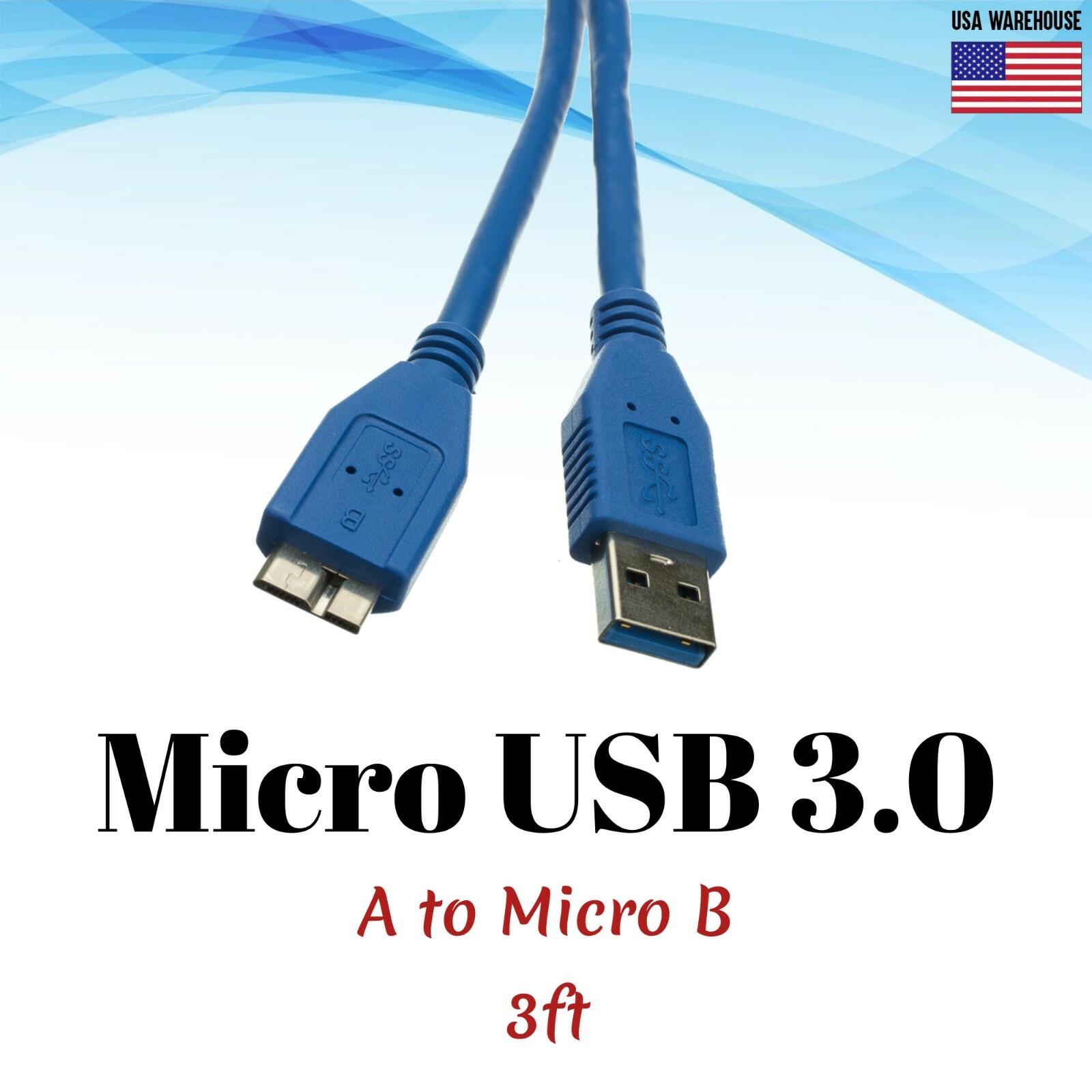 3ft USB 3.0 Type A Male to Micro B Male Blue Cable - Hard Disk High Speed Data