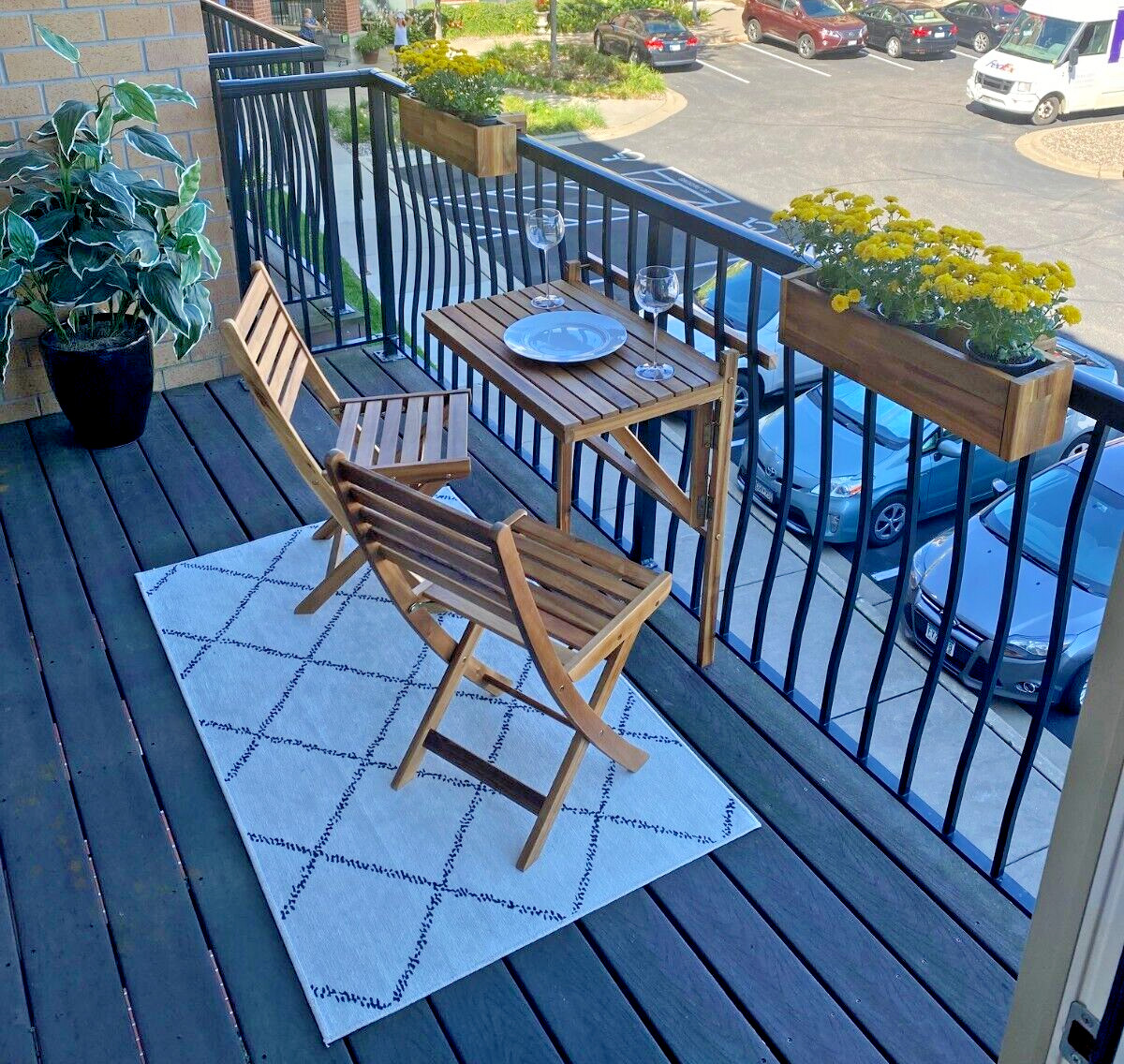 Patio Wise Outdoor Folding Acacia Wood Balcony Railing Table, Foldable Deck Bar