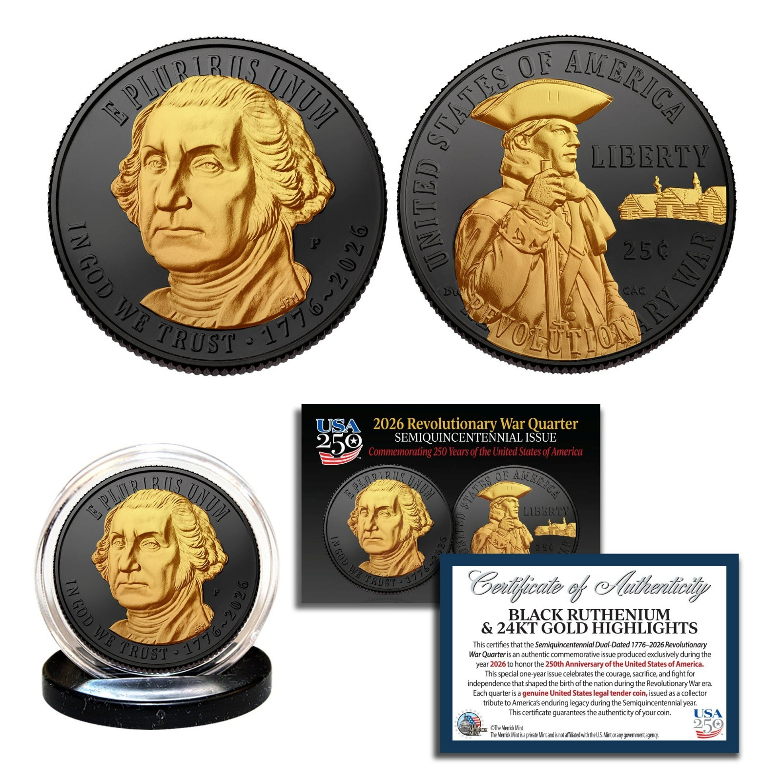 2026-P Revolutionary War Quarter - Black Ruthenium & 24K Gold - America 250