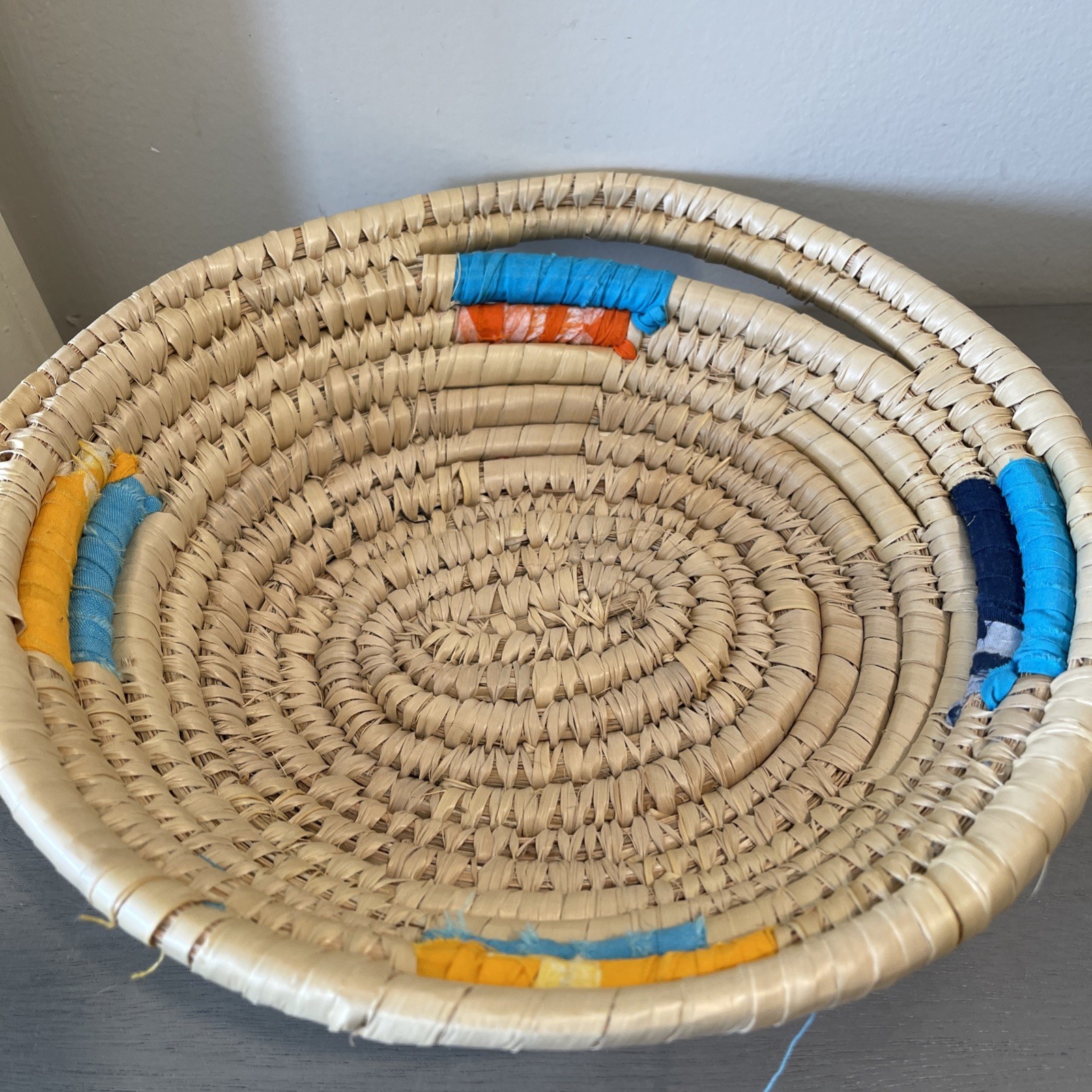 Hand Woven Basket/Bowl  Blue & Orange With One Side Handle10” X 10”