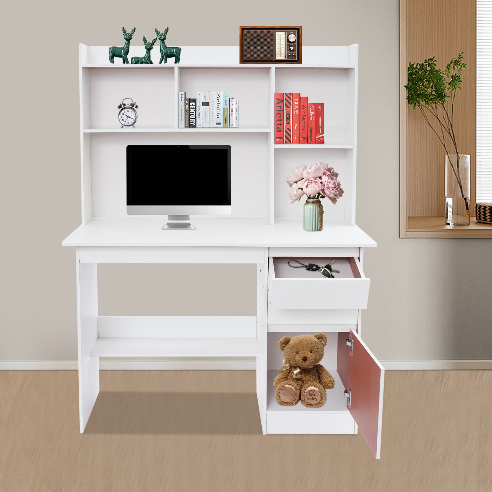 100kg Load Home Vanity Table, 100*40*142cm Laptop Table, Warm White Office Desk