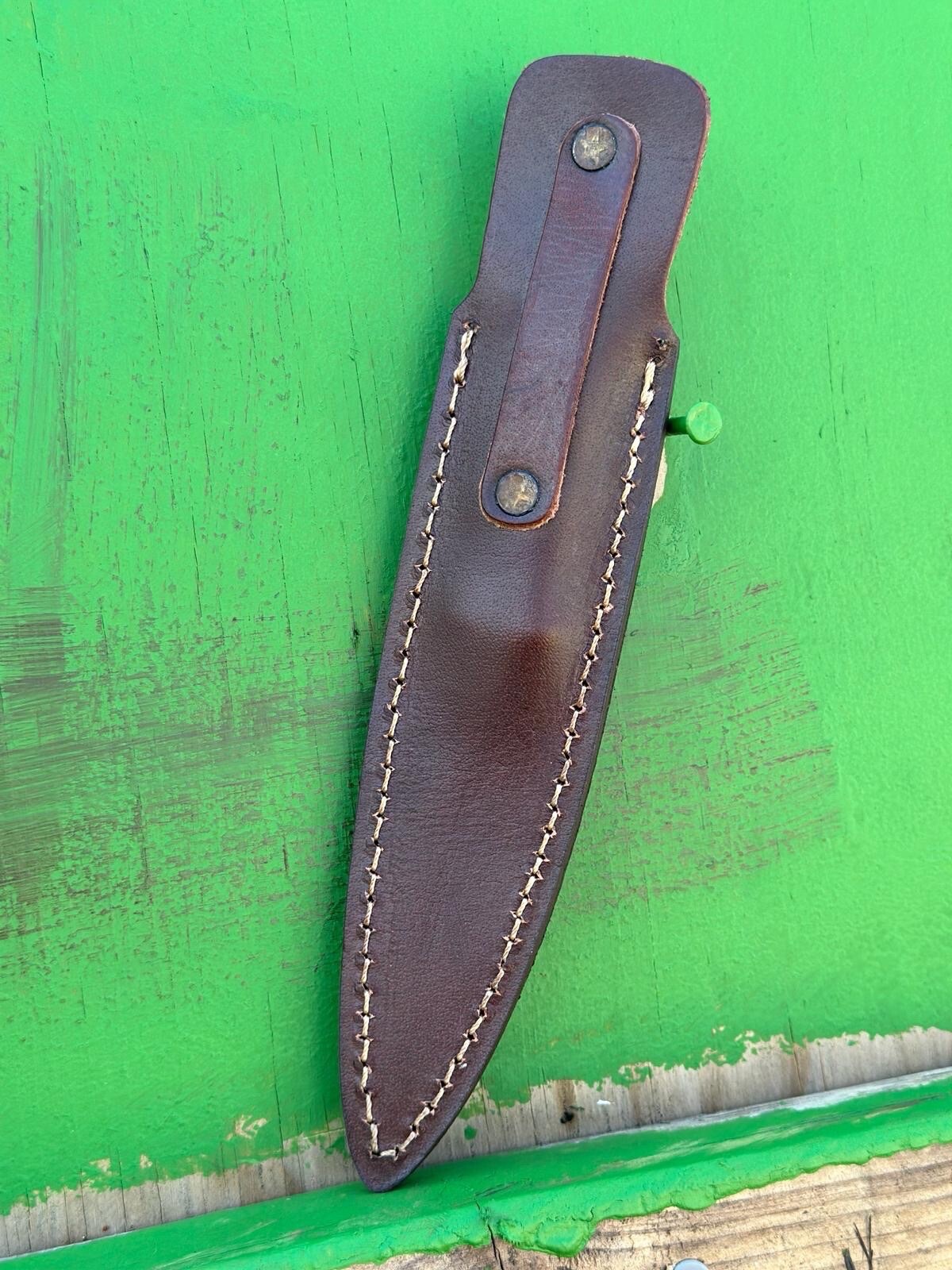 Damascus Dagger Knife With Leather Sheath Camel Bone Handle Brass Bolster