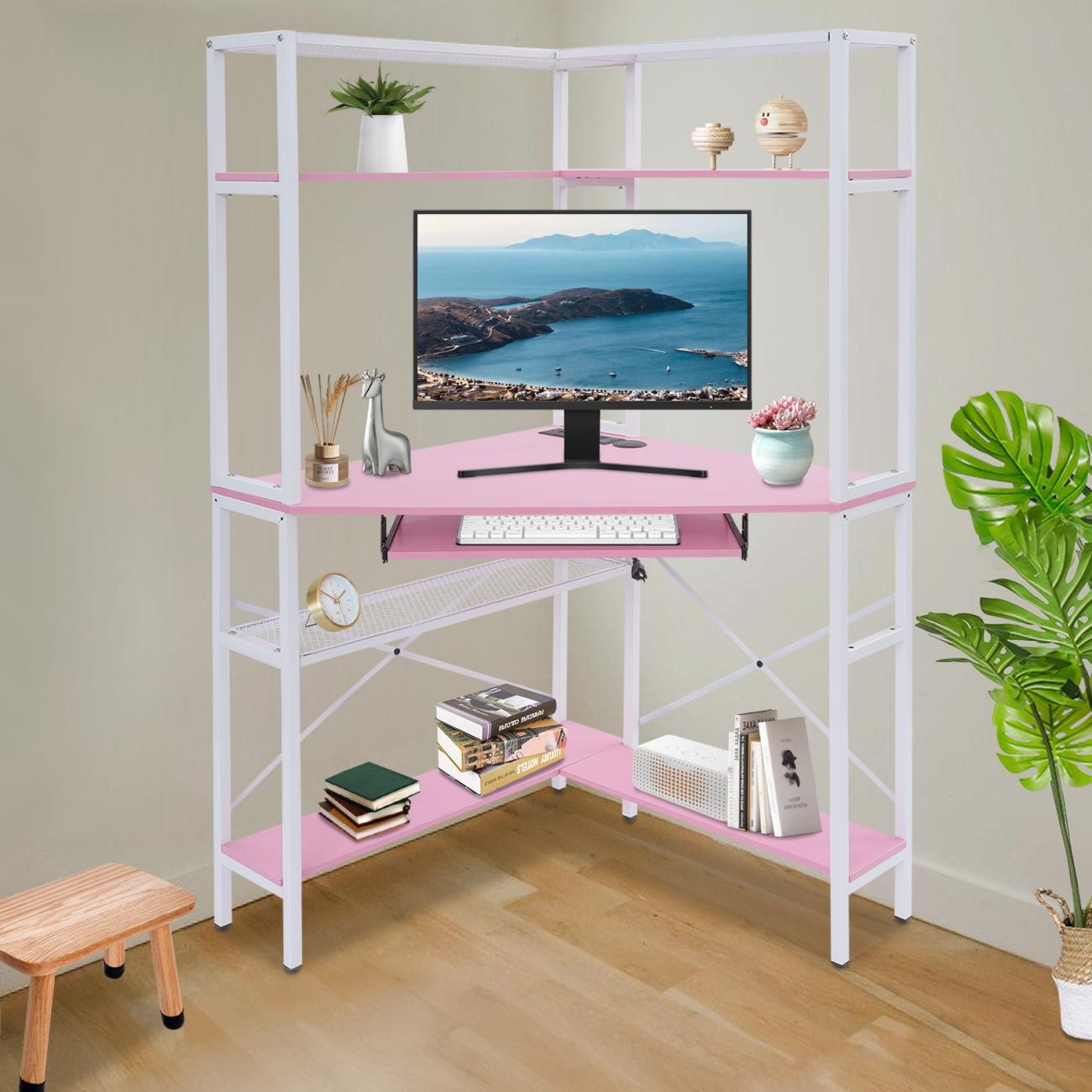 Triangular Corner Computer Desk with Power Outlets,29.5*29.5*60in Corner Table