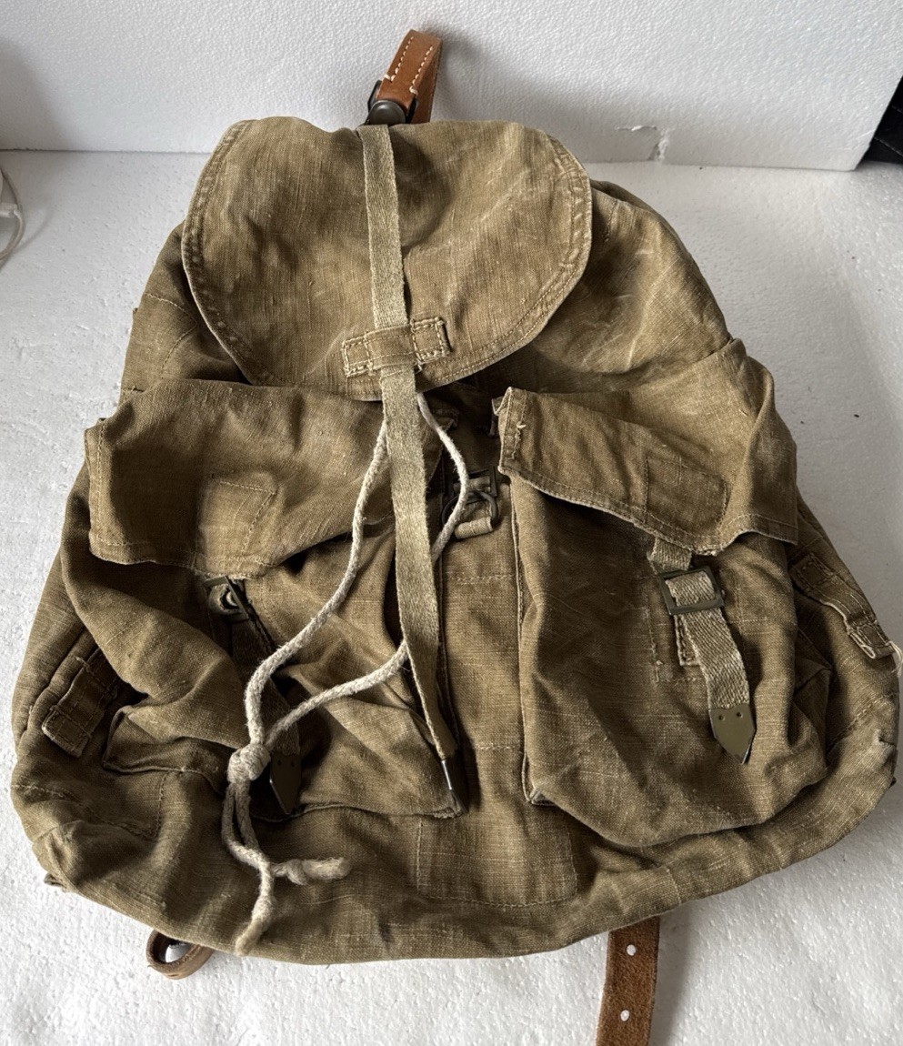 Vintage Canvas Military Style Rucksack Leather Straps Distressed