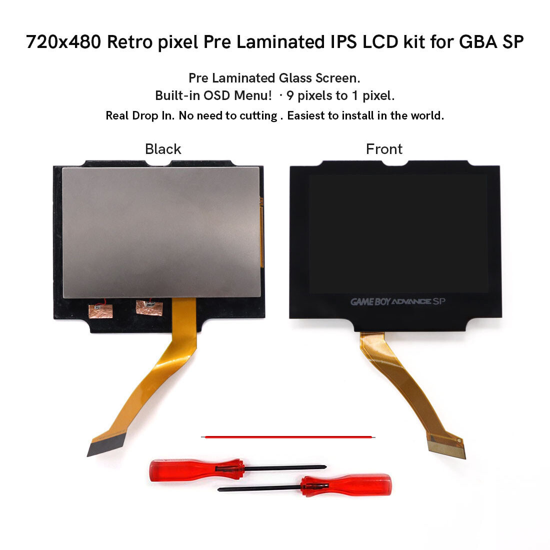 V5 Drop In 720x480 Pre-Laminated Retro Pixel IPS LCD Screen + Shell For GBA SP