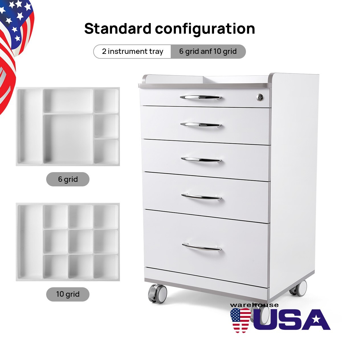 Dental Trolley Mobile Medical Tool Cart Storage Cabinet with Socket 4 Drawers