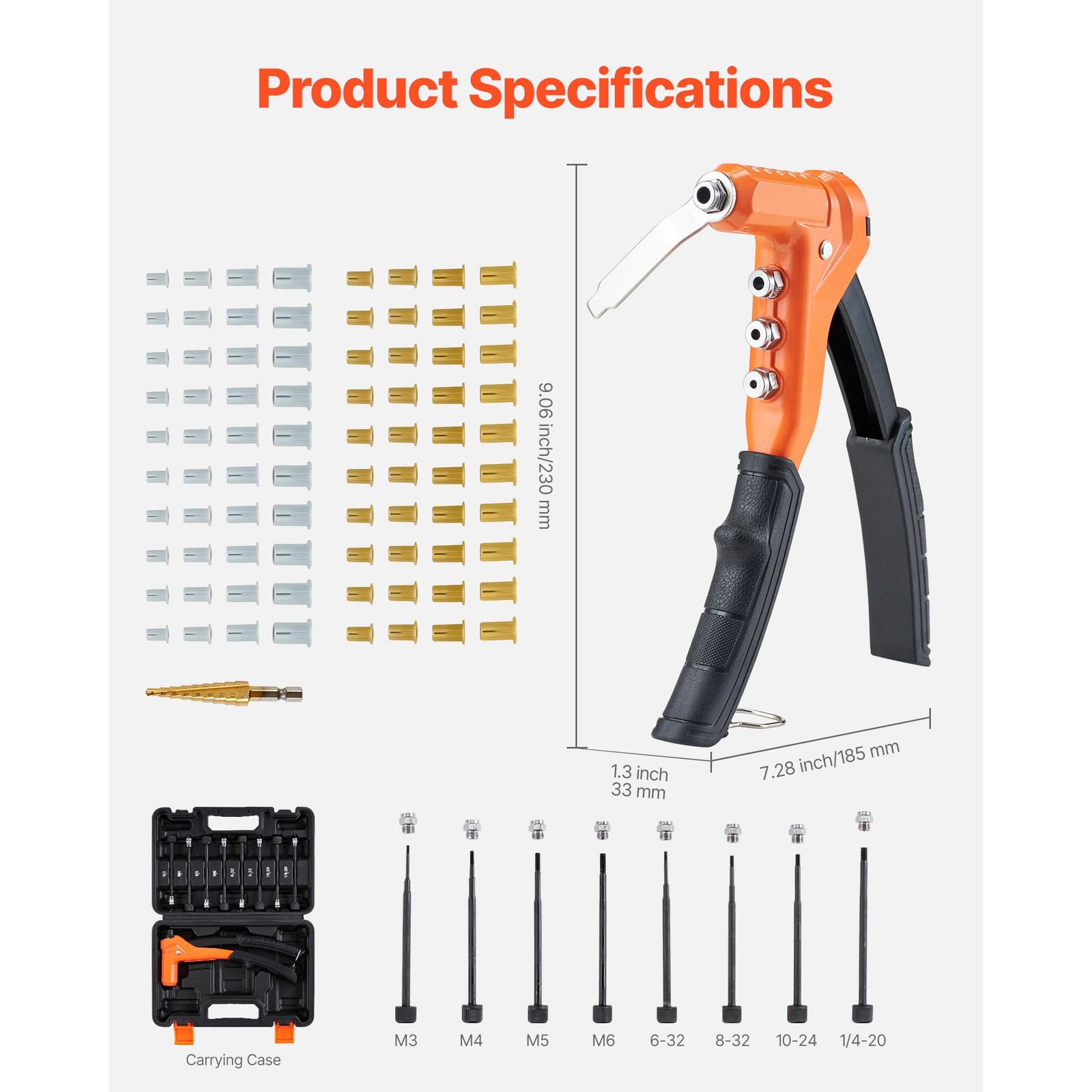 Rivet Nut Tool Kit with 8 Mandrels, 80 Nuts, Step Drill Bit & Case