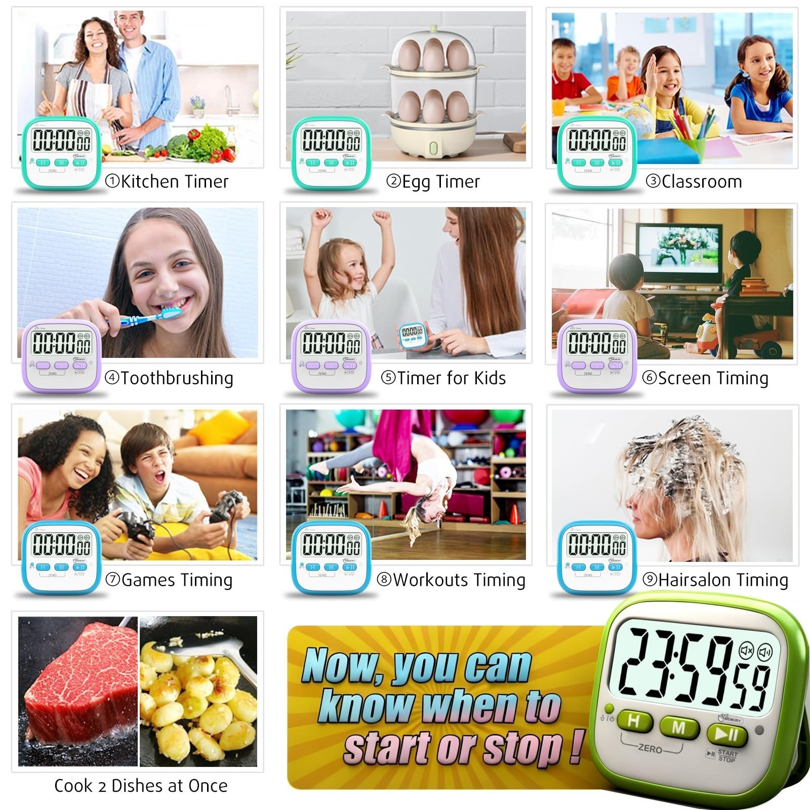 Antonki 2 Pack Digital Kitchen Timer - Magnetic Countdown Timer for Kids