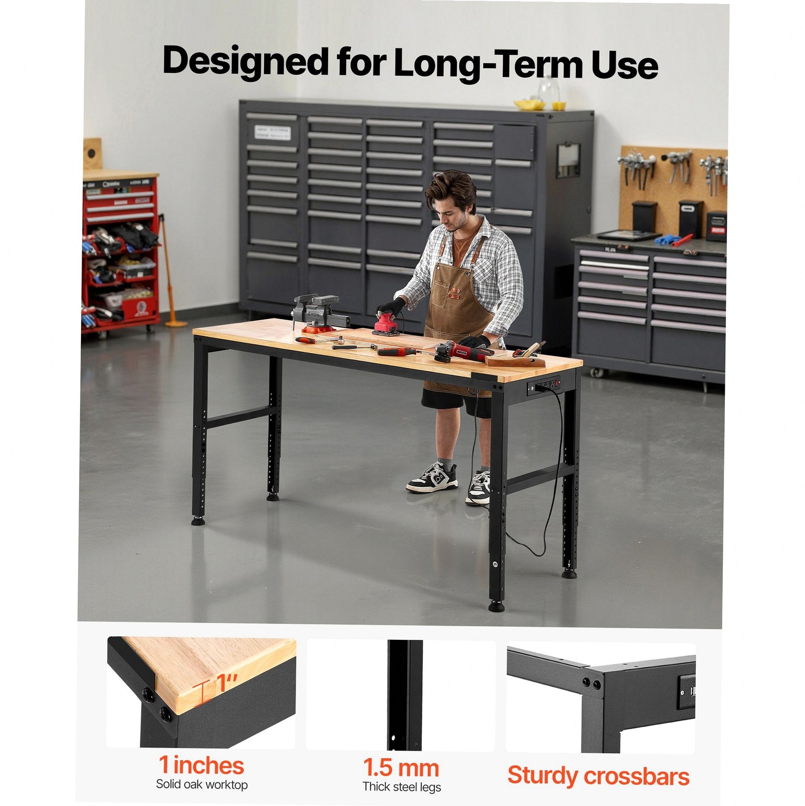 2000lb Workshop Workbench, 61x20in Height Adjust